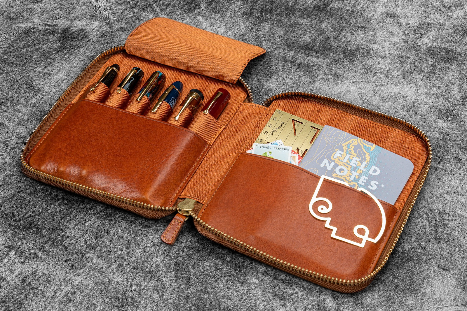 Legacy Leather Zip Pen Case For 6 Pens - A6 - Deep Cognac