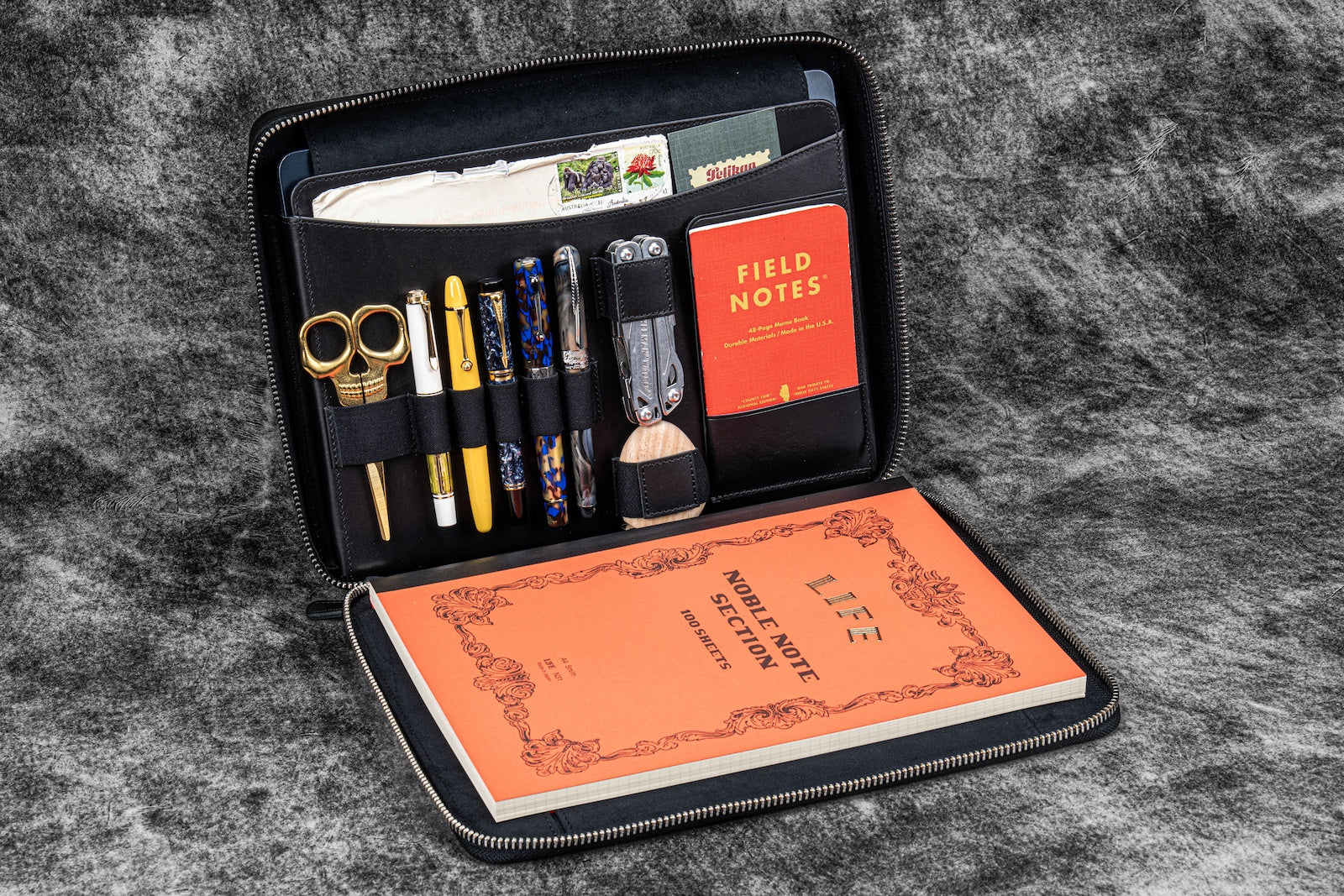 Leather Compendium Bag - A4 Zippered Folio Organizer - Black