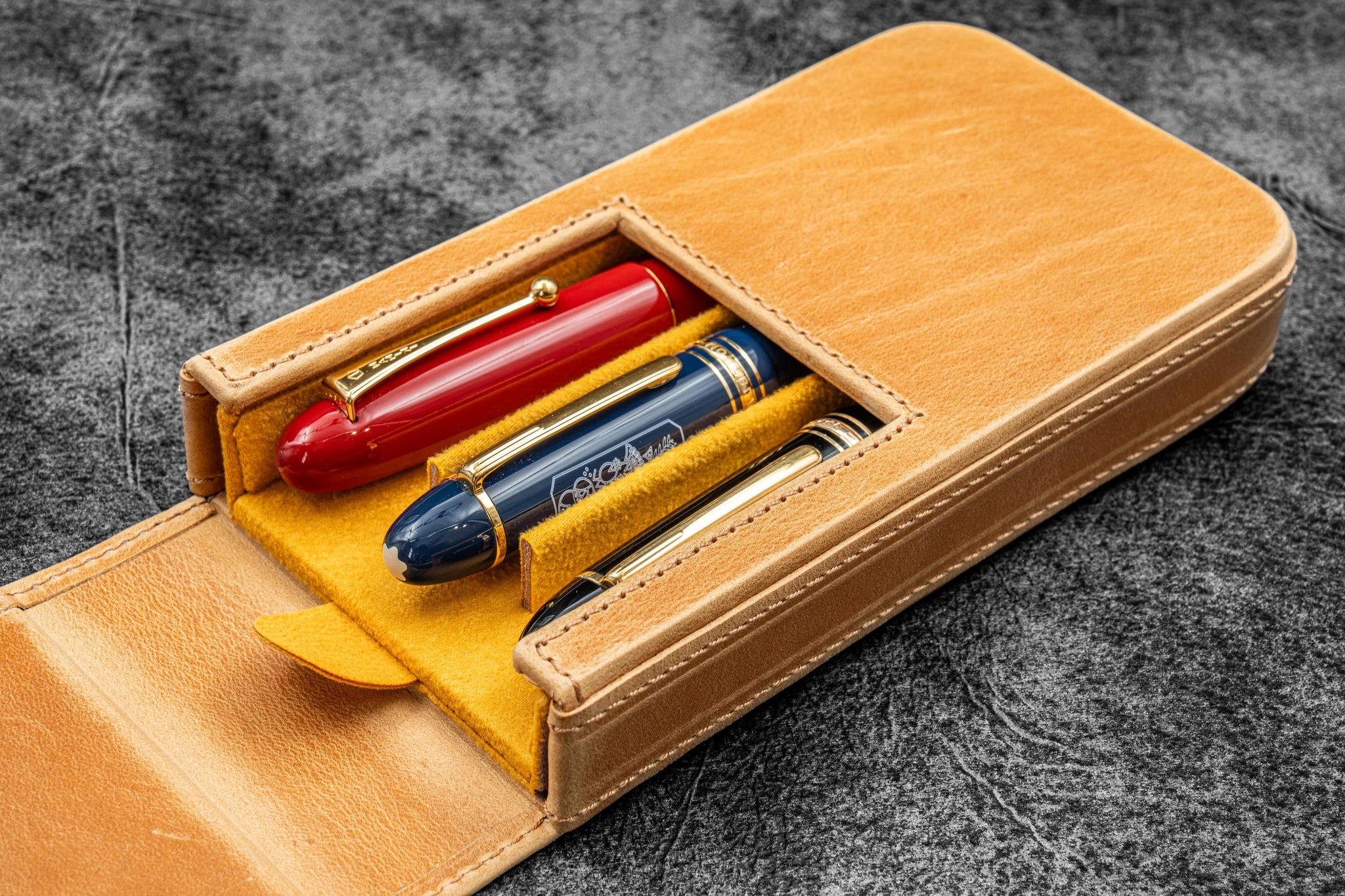 Leather Magnum Opus 3 Slots Hard Pen Case with Removable Pen Tray - Crazy Horse Honey Ochre