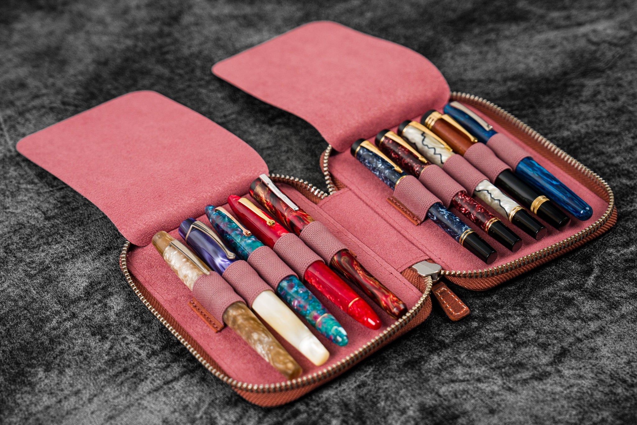Leather Zippered 10 Slots Pen Case - Crazy Horse Orange