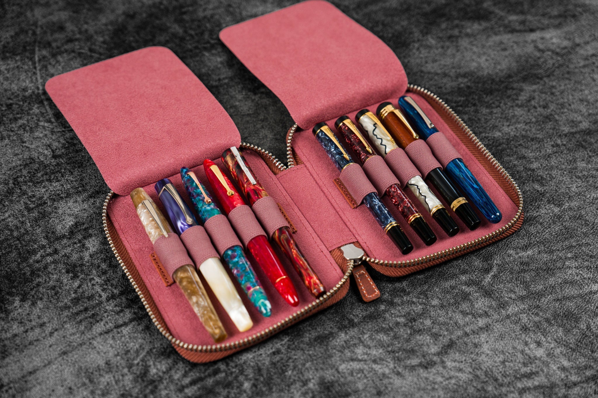 Leather Zippered 10 Slots Pen Case - Crazy Horse Orange