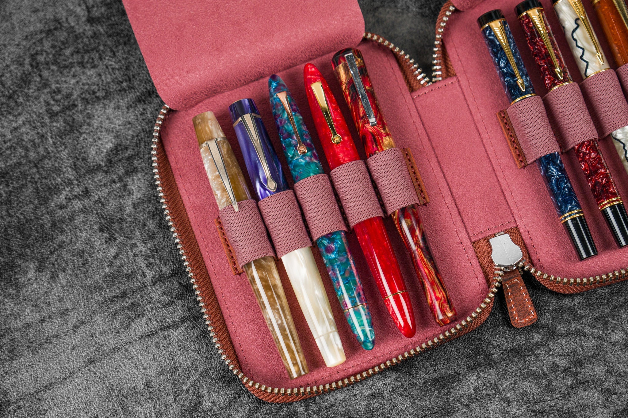 Leather Zippered 10 Slots Pen Case - Crazy Horse Orange