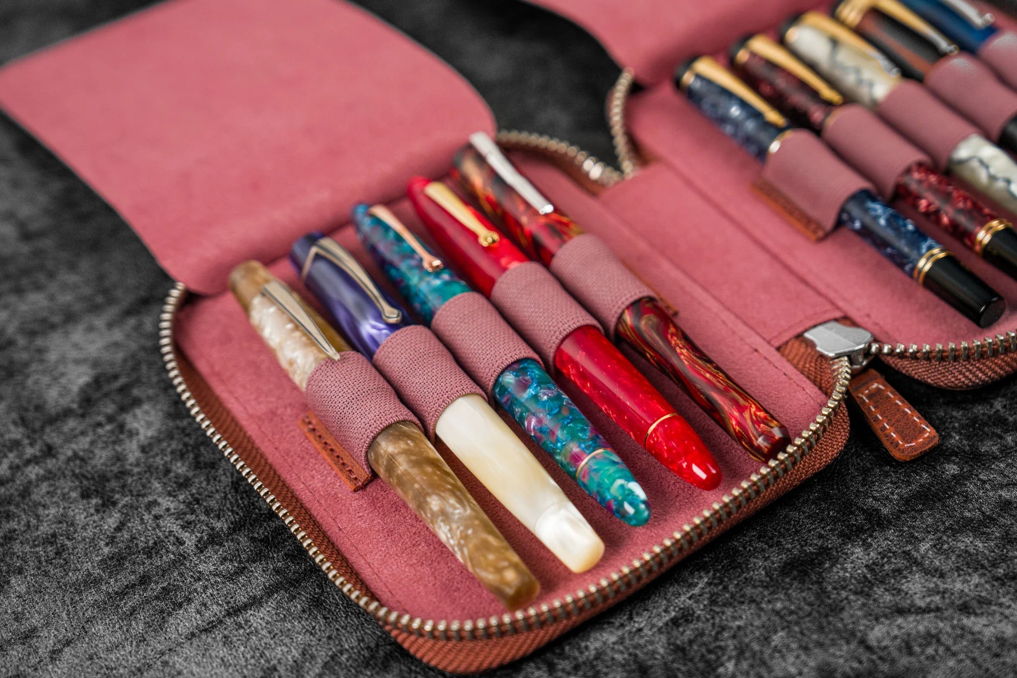 Leather Zippered 10 Slots Pen Case - Crazy Horse Orange