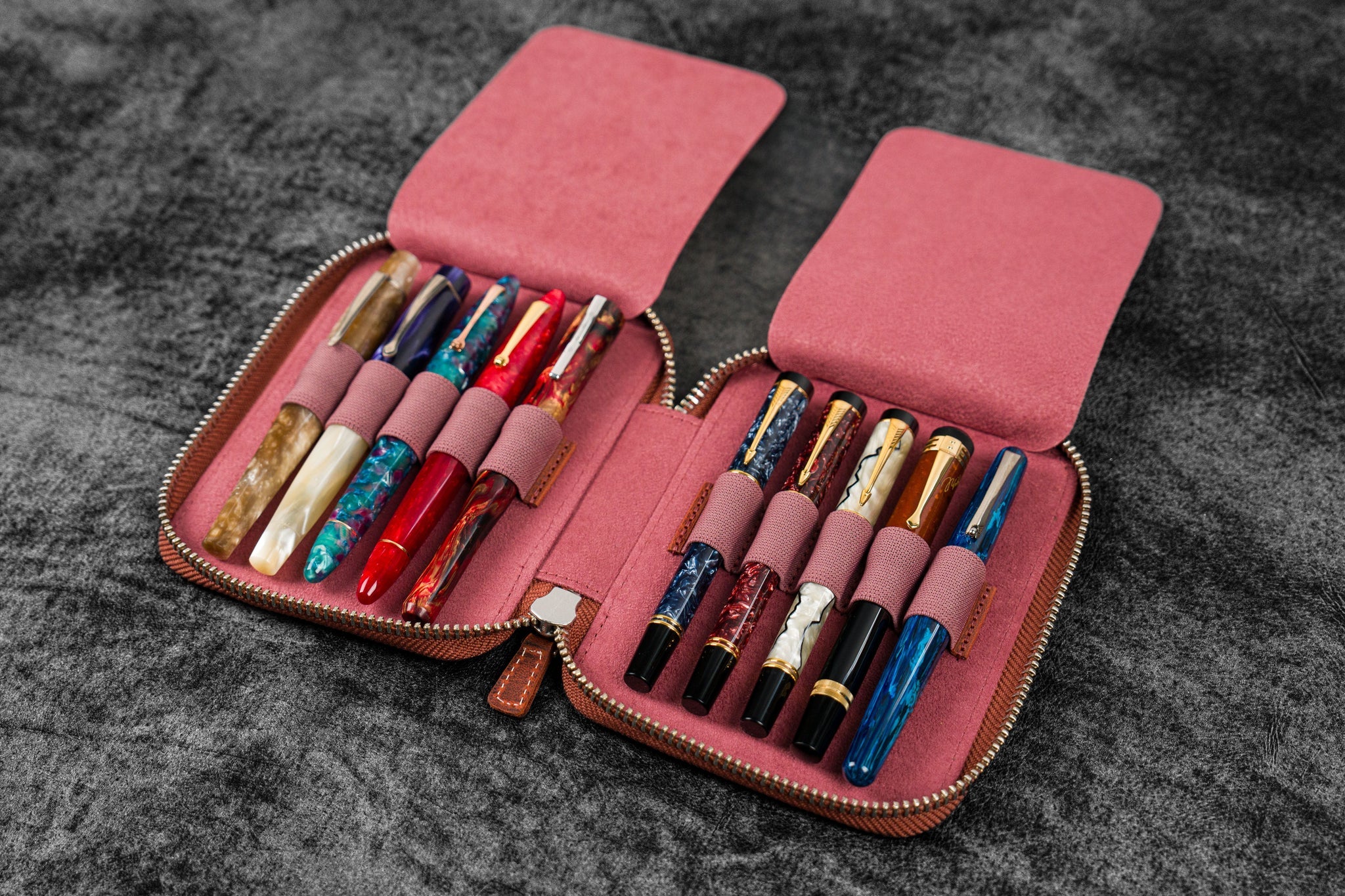 Leather Zippered 10 Slots Pen Case - Crazy Horse Orange