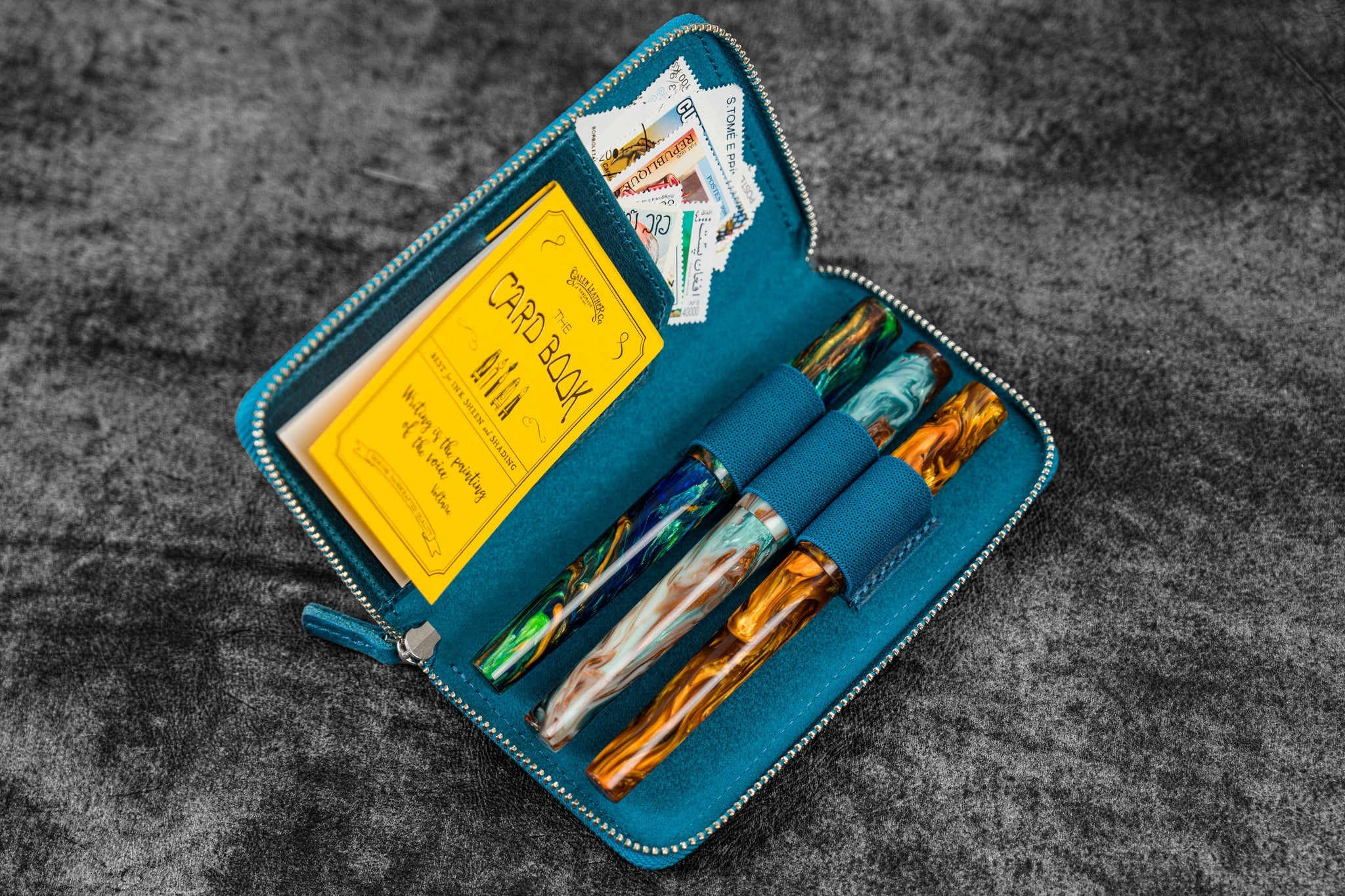 Leather Zippered 3 Slots Pen Case - Crazy Horse Ocean Blue