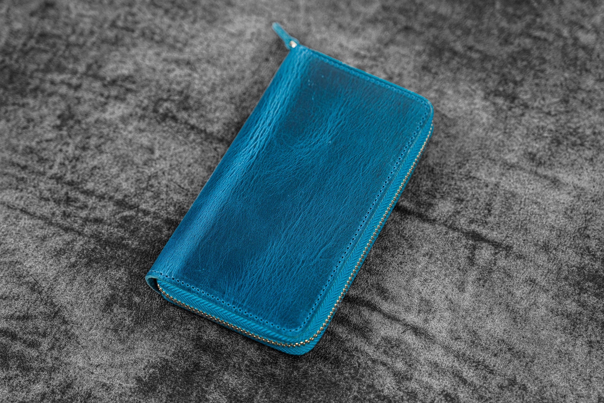 Leather Zippered 3 Slots Pen Case - Crazy Horse Ocean Blue