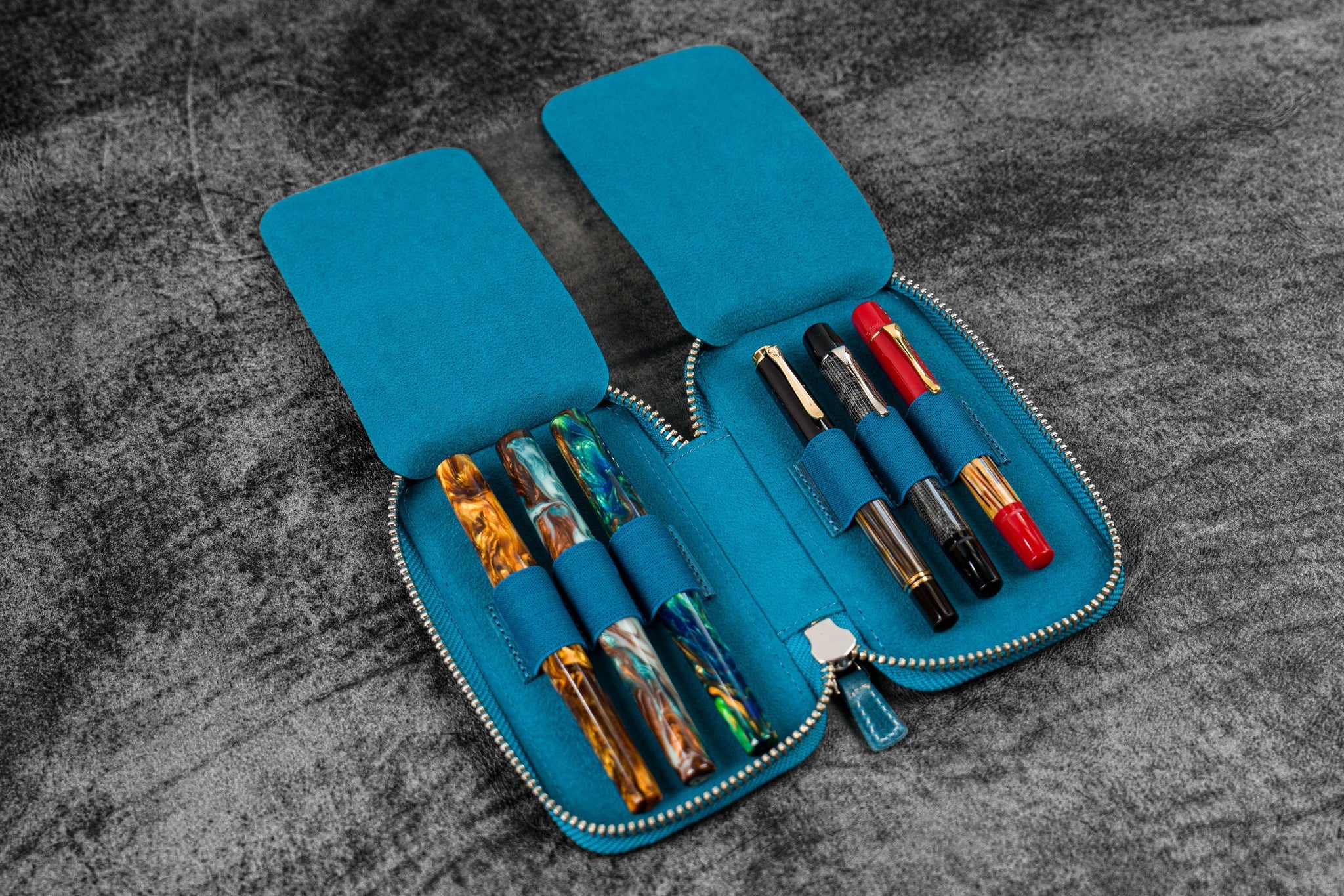 Leather Zippered 6 Slots Pen Case - Crazy Horse Ocean Blue