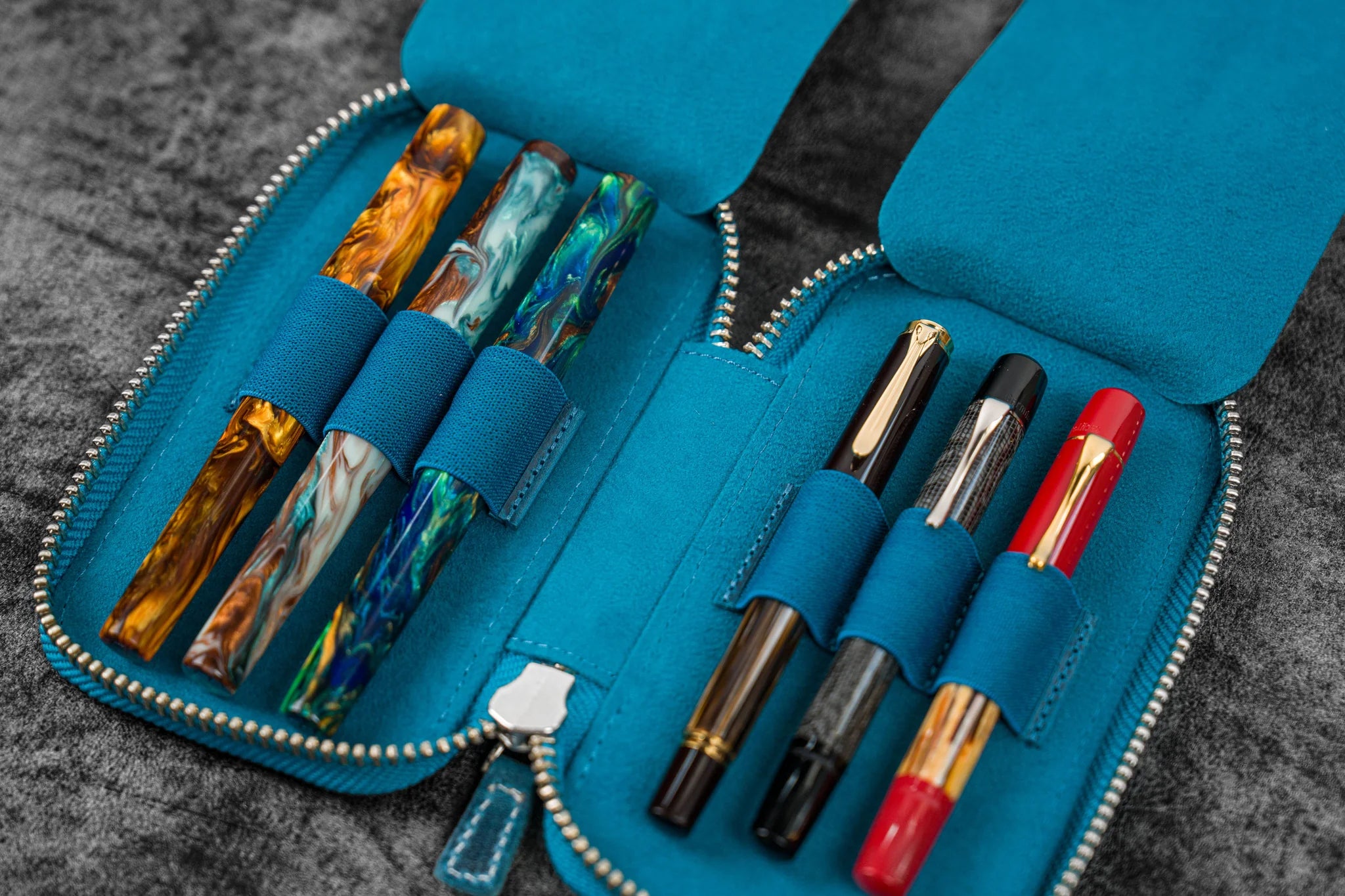 Leather Zippered 6 Slots Pen Case - Crazy Horse Ocean Blue