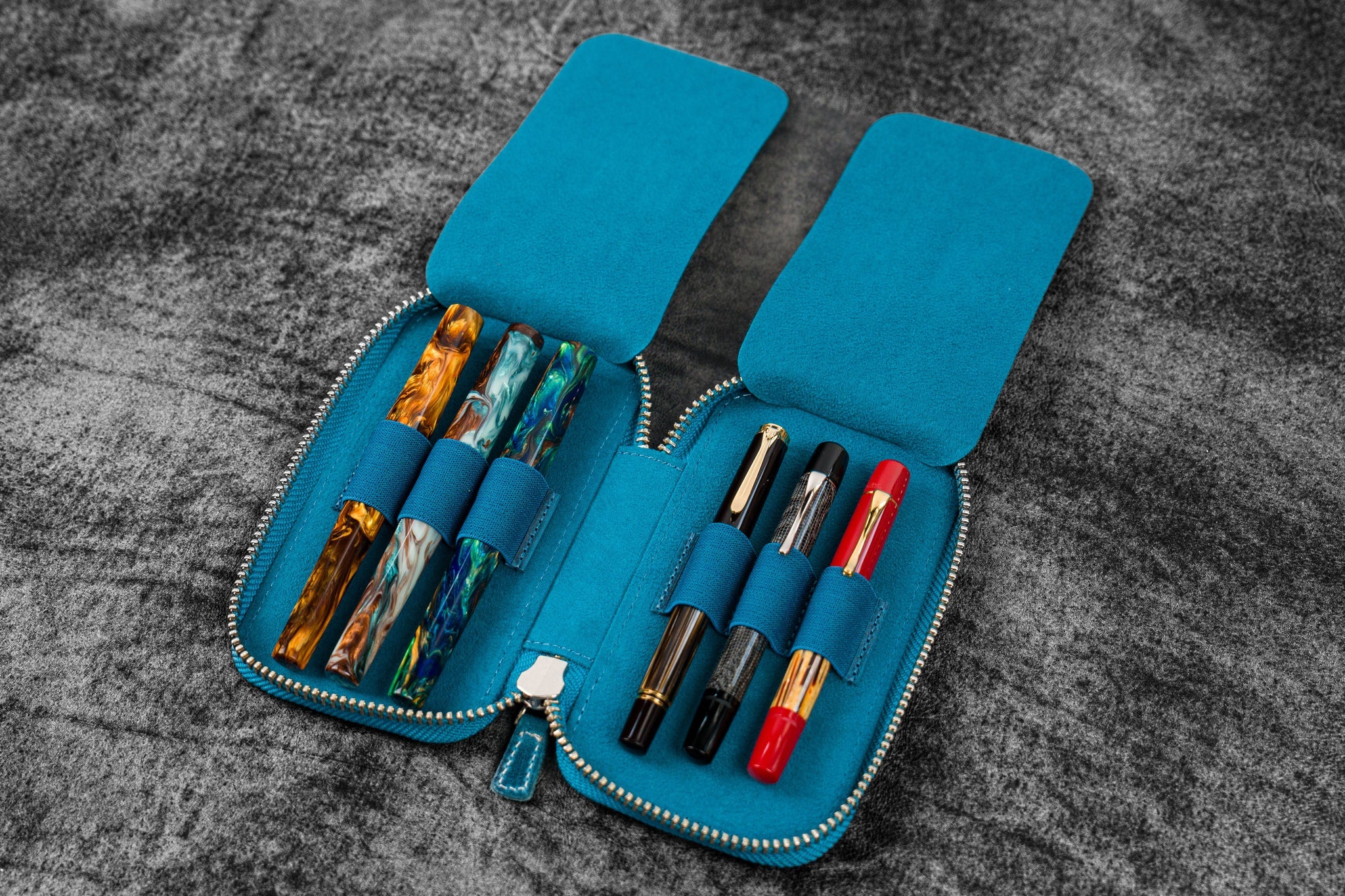 Leather Zippered 6 Slots Pen Case - Crazy Horse Ocean Blue