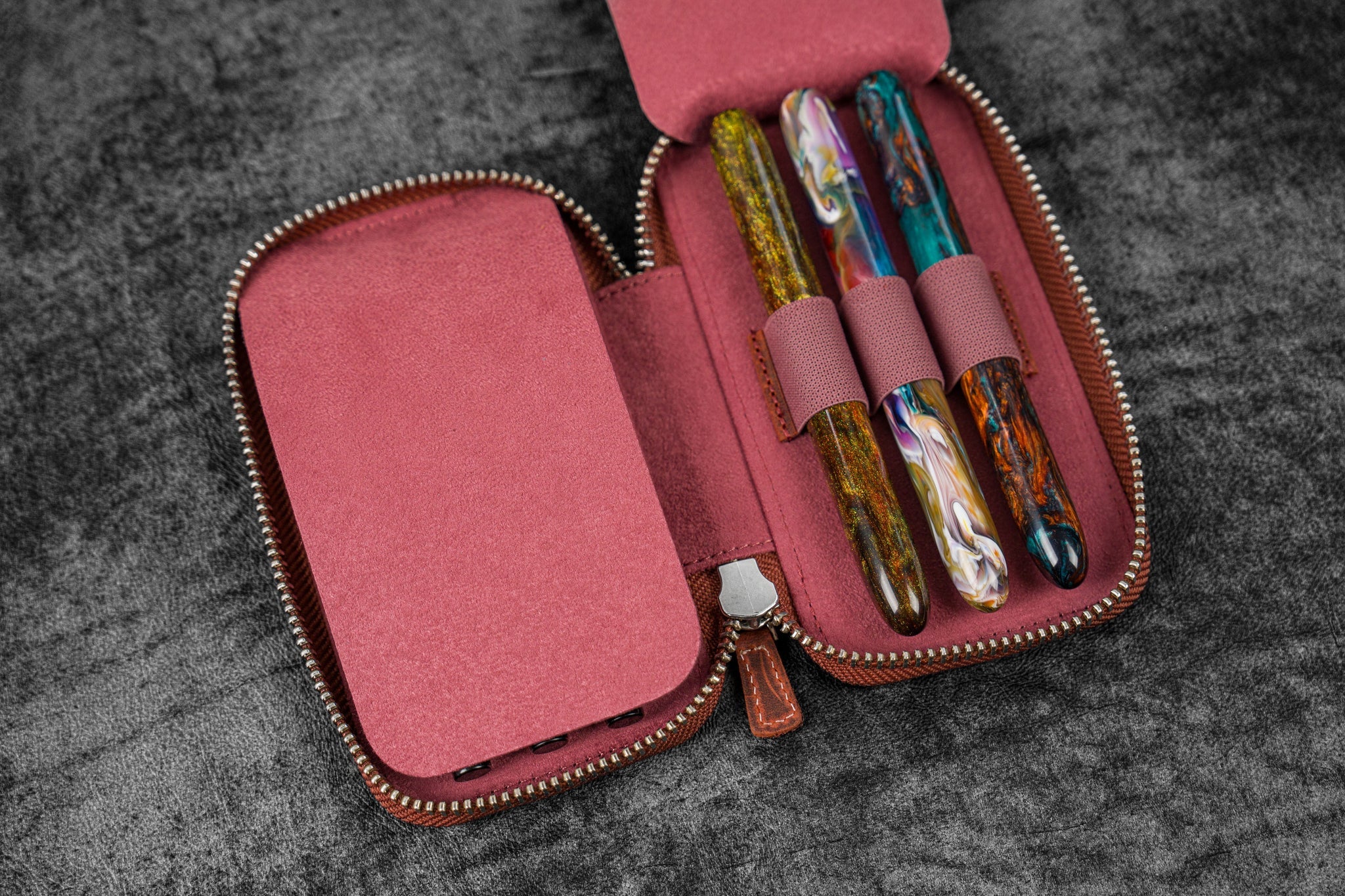 Leather Zippered 6 Slots Pen Case - Crazy Horse Orange