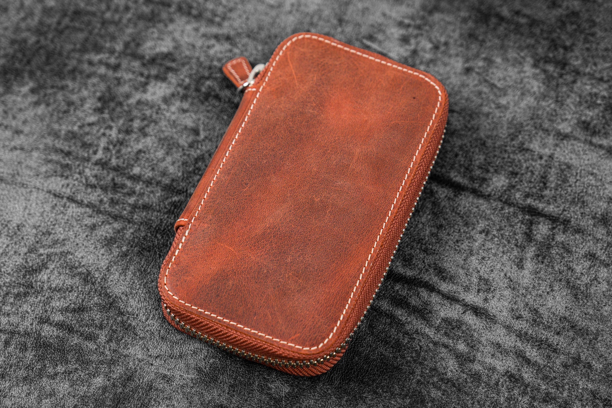 Leather Zippered 6 Slots Pen Case - Crazy Horse Orange