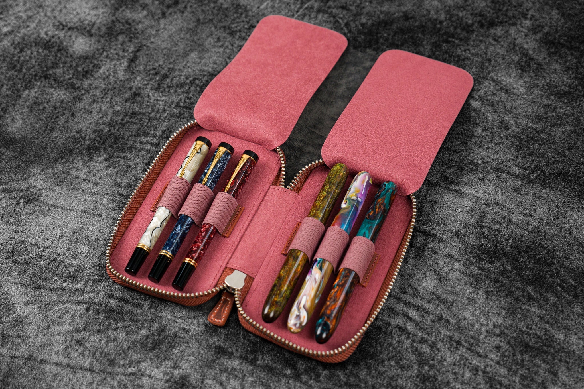 Leather Zippered 6 Slots Pen Case - Crazy Horse Orange