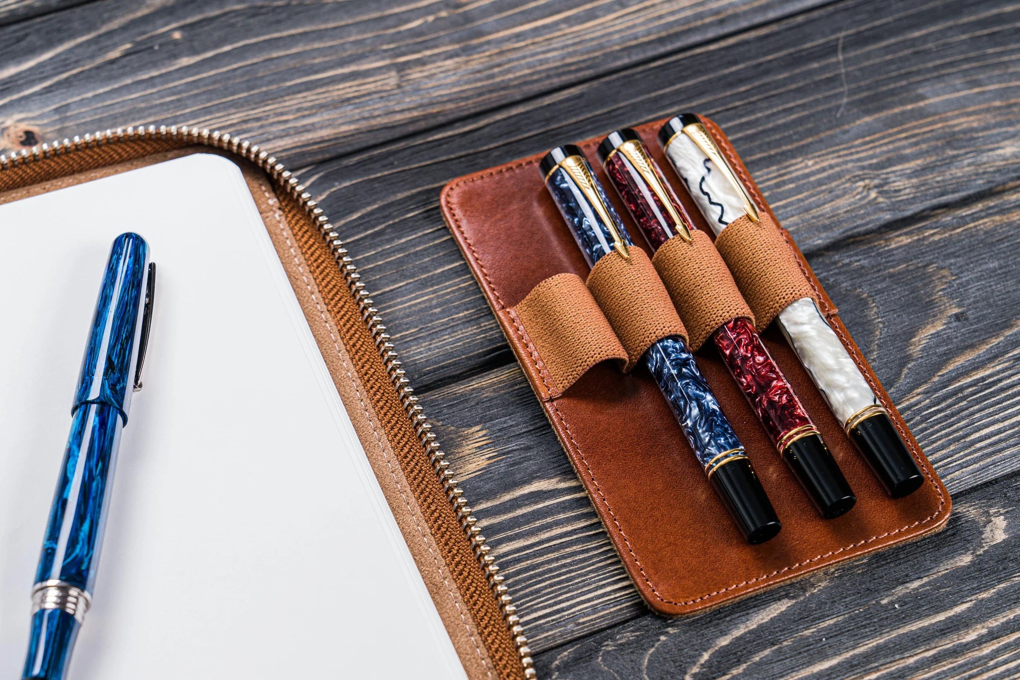 Leather Zippered A5 Notebook Folio - Brown