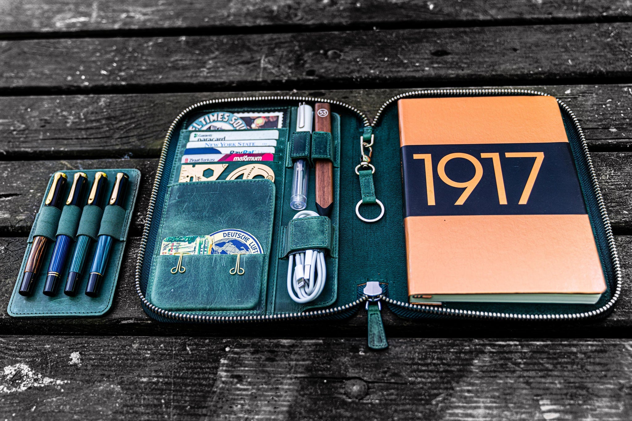 Leather Zippered A5 Notebook Folio - Crazy Horse Forest Green