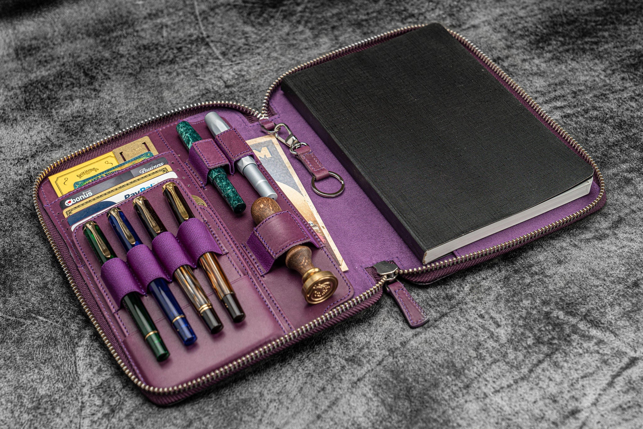 Leather Zippered A5 Notebook Folio - Purple