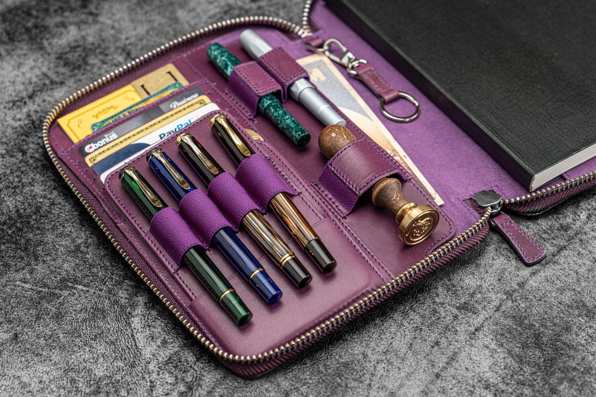 Leather Zippered A5 Notebook Folio - Purple