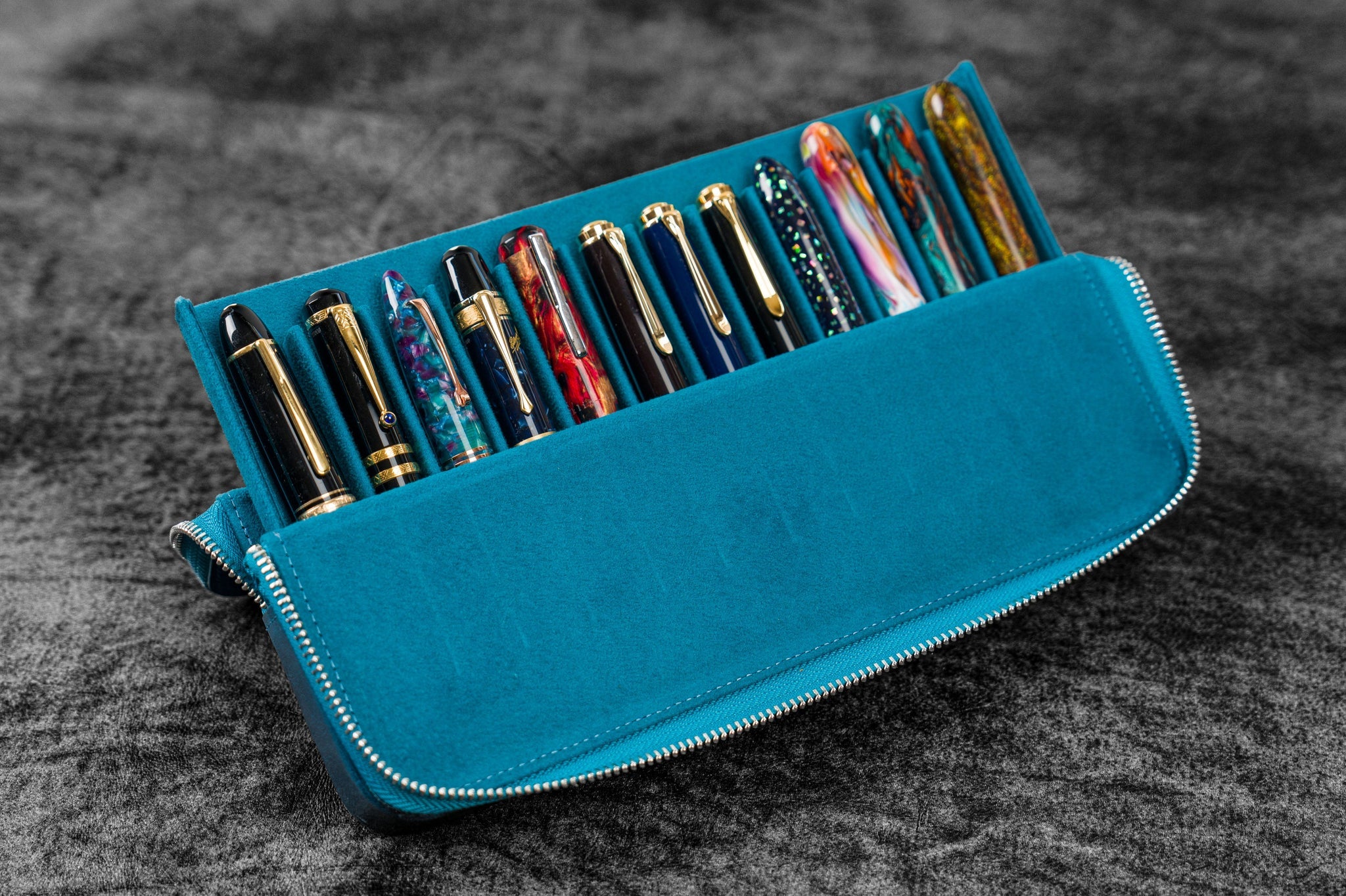 Leather Magnum Opus 12 Slots Hard Pen Case with Removable Pen Tray - Crazy Horse Ocean Blue