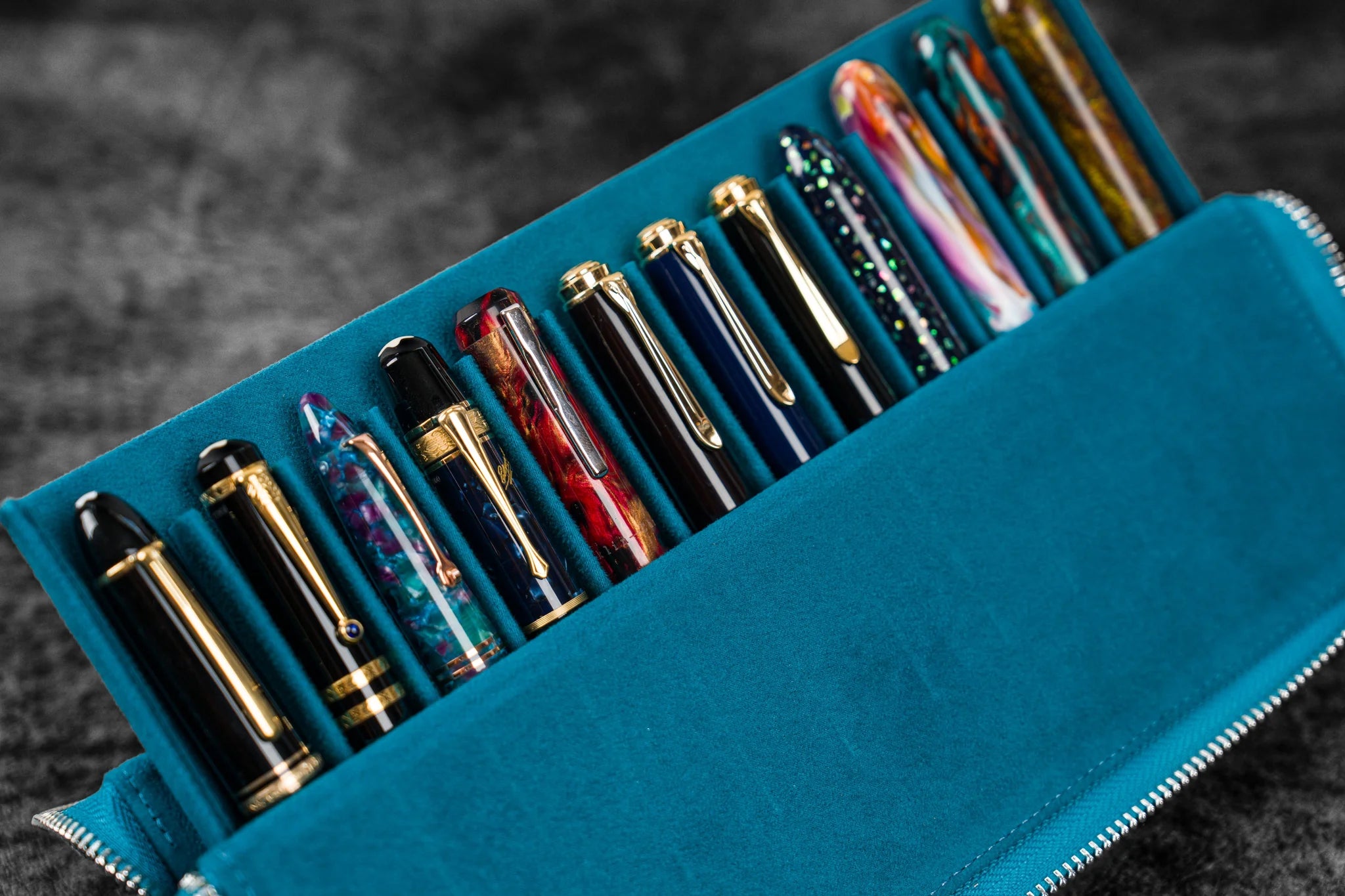 Leather Magnum Opus 12 Slots Hard Pen Case with Removable Pen Tray - Crazy Horse Ocean Blue