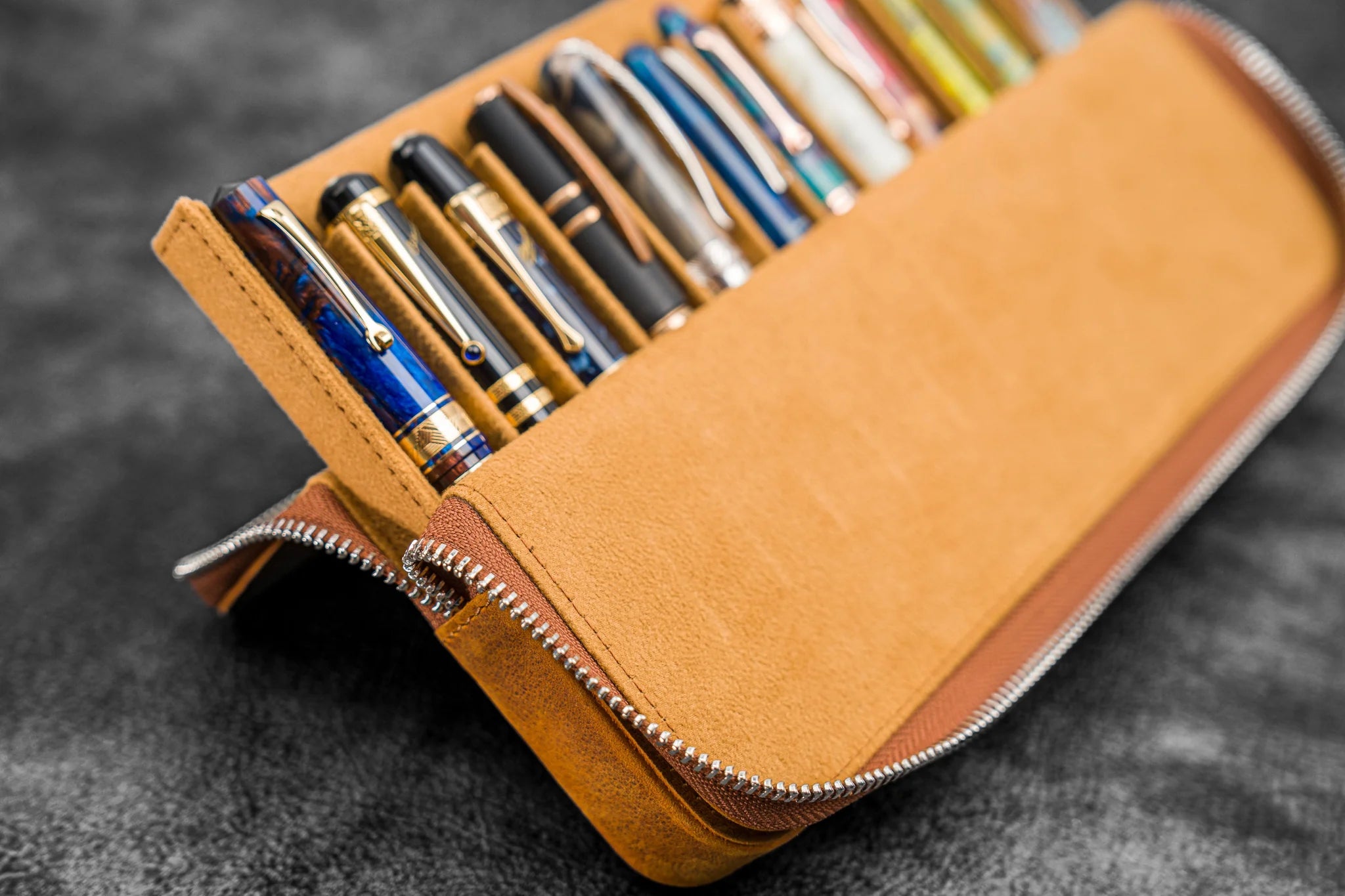 Leather Magnum Opus 12 Slots Hard Pen Case with Removable Pen Tray - Crazy Horse Brown