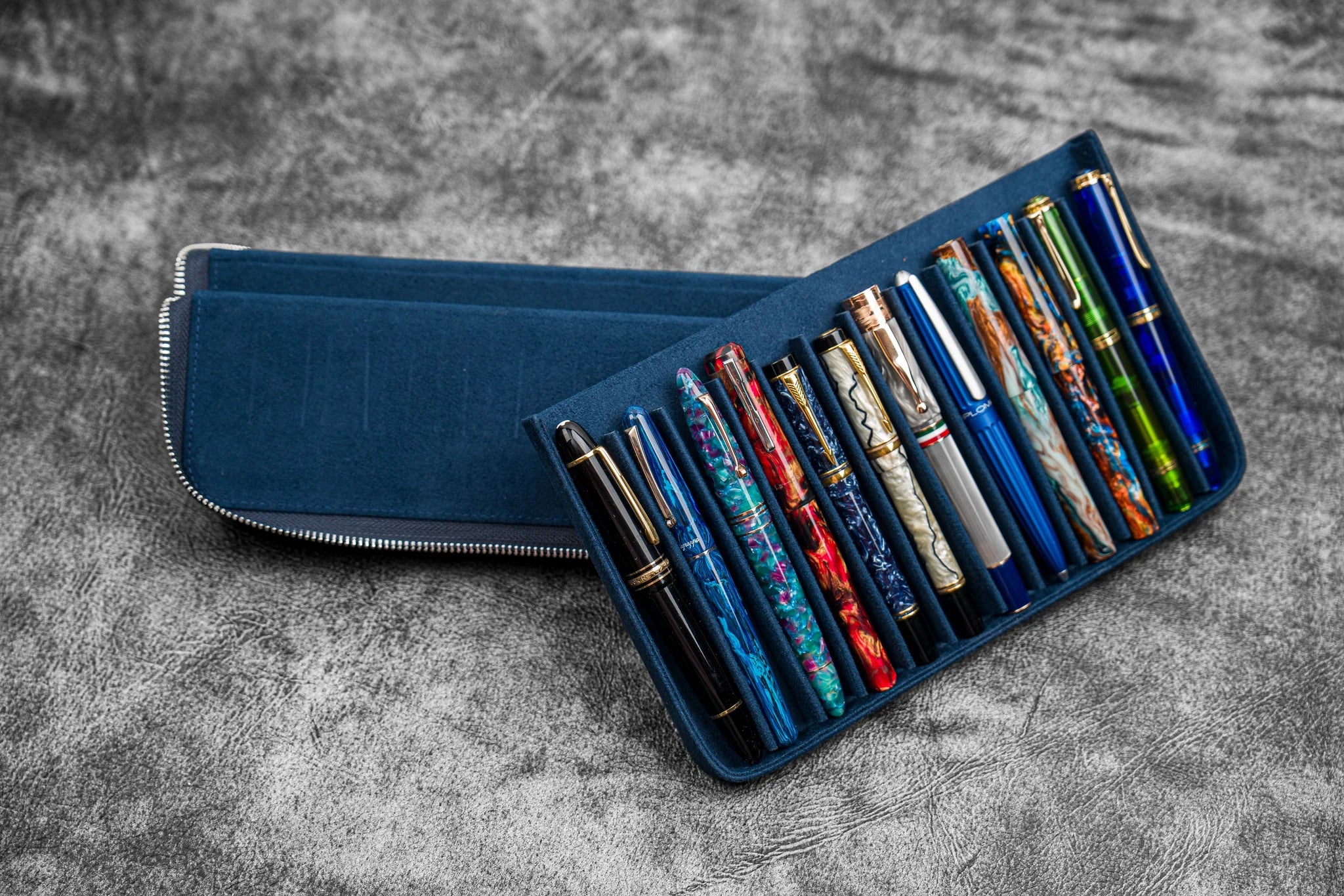 Leather Magnum Opus 12 Slots Hard Pen Case with Removable Pen Tray - Crazy Horse Navy Blue