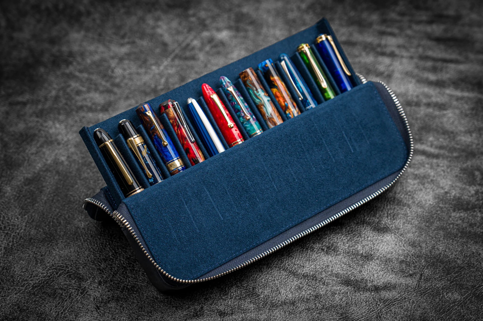 Leather Magnum Opus 12 Slots Hard Pen Case with Removable Pen Tray - Crazy Horse Navy Blue