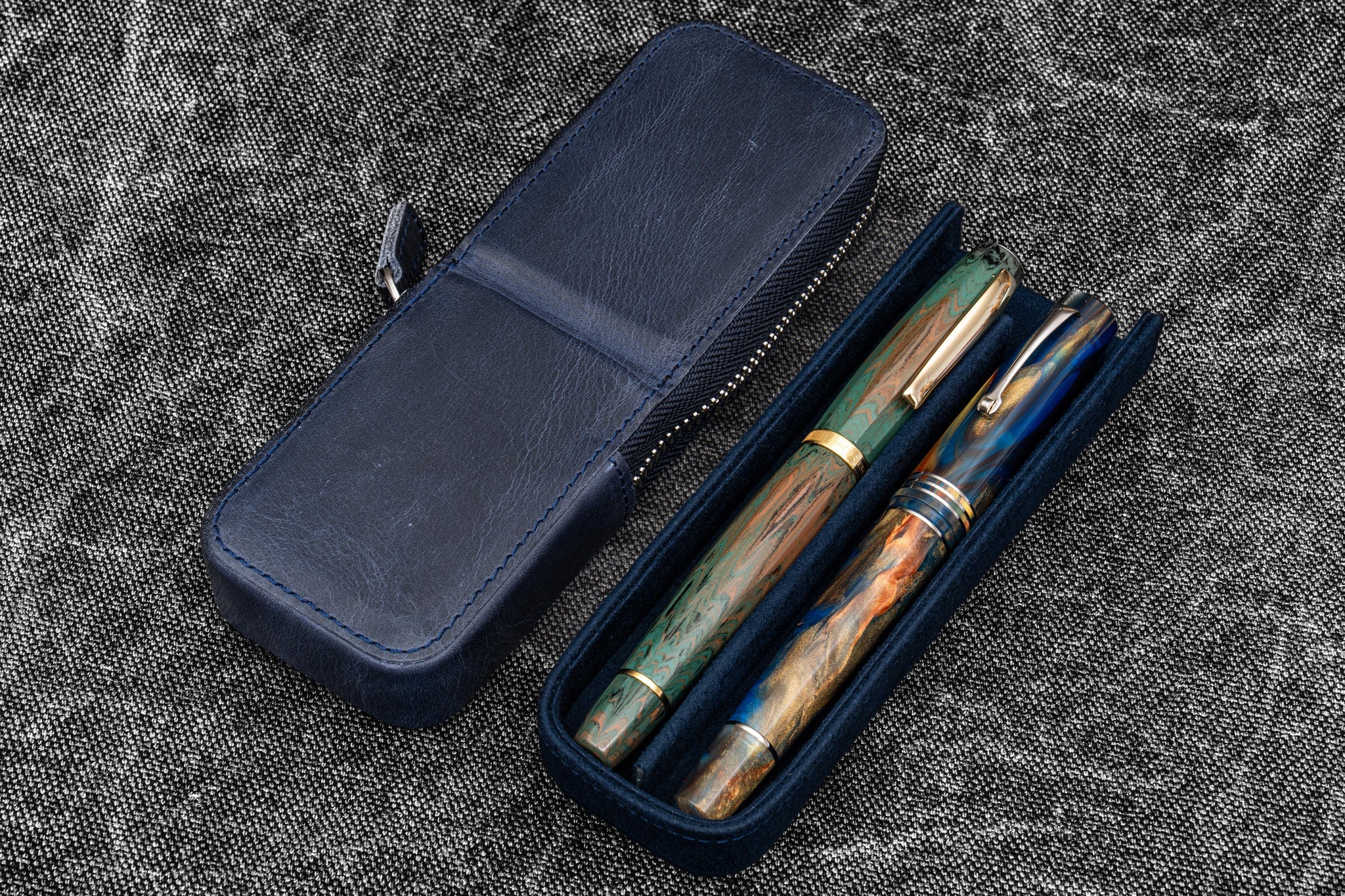 Leather Zippered Magnum Opus 2 Slots Hard Pen Case with Removable Pen Tray - Crazy Horse Navy Blue