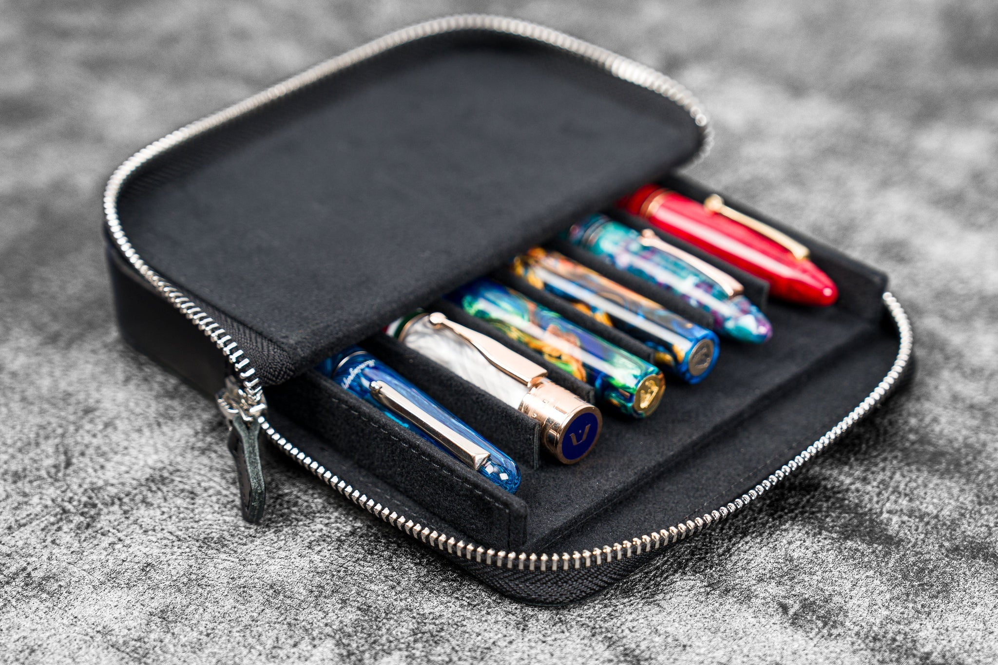 Leather Magnum Opus 6 Slots Hard Pen Case with Removable Pen Tray - Black