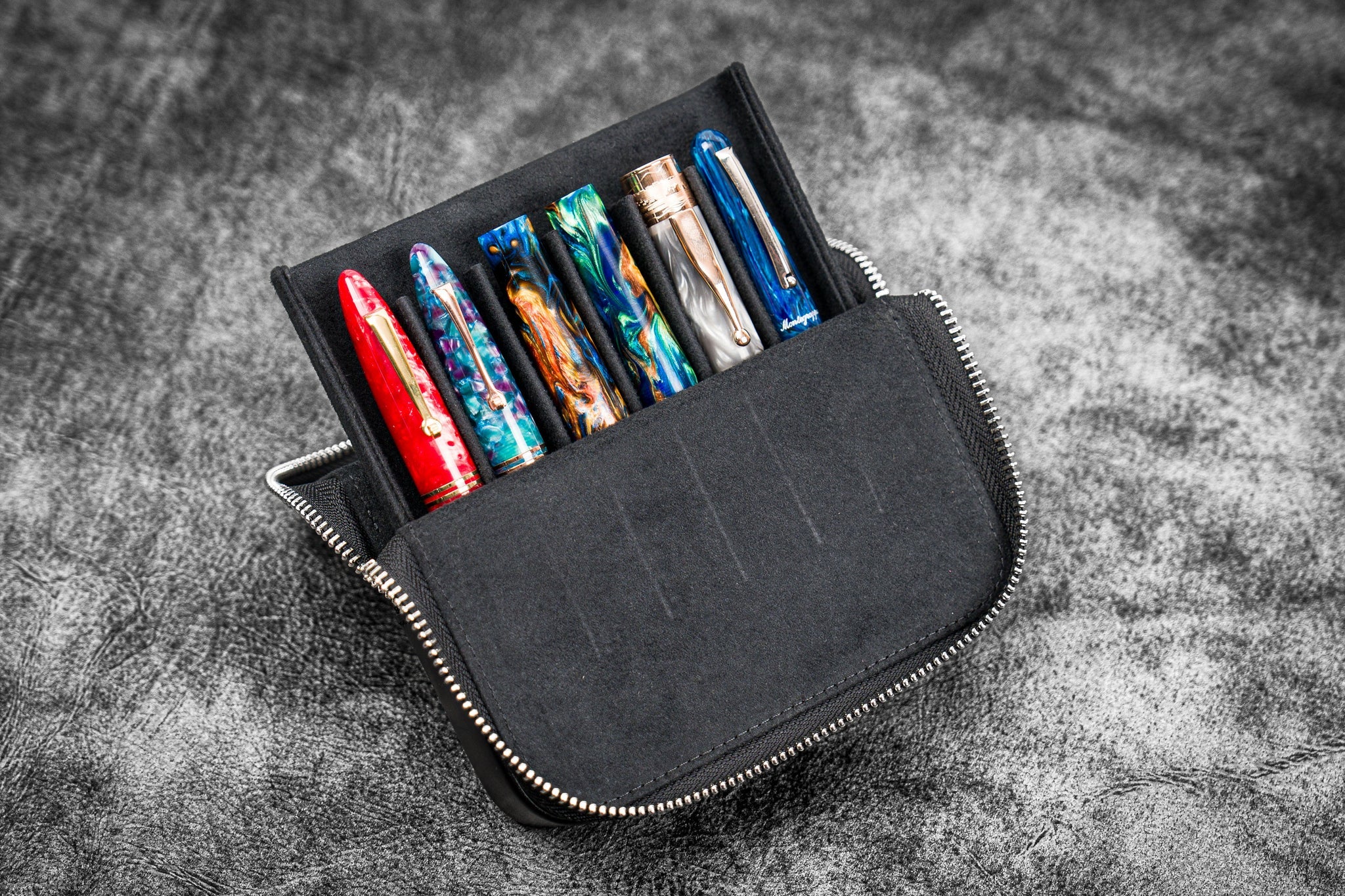 Leather Magnum Opus 6 Slots Hard Pen Case with Removable Pen Tray - Black