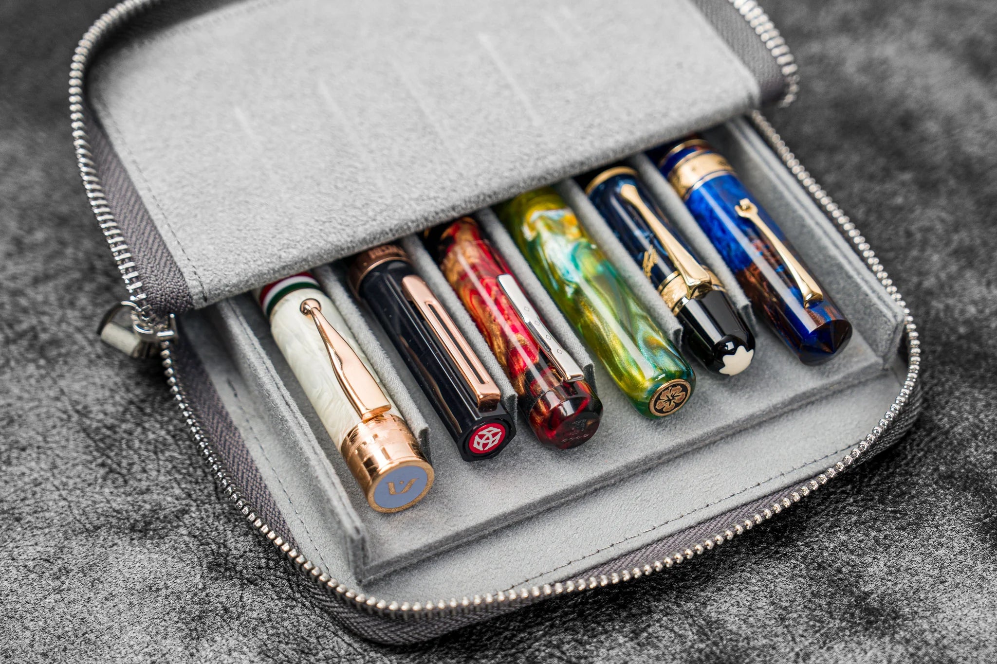 Leather Magnum Opus 6 Slots Hard Pen Case with Removable Pen Tray - Crazy Horse Smoky