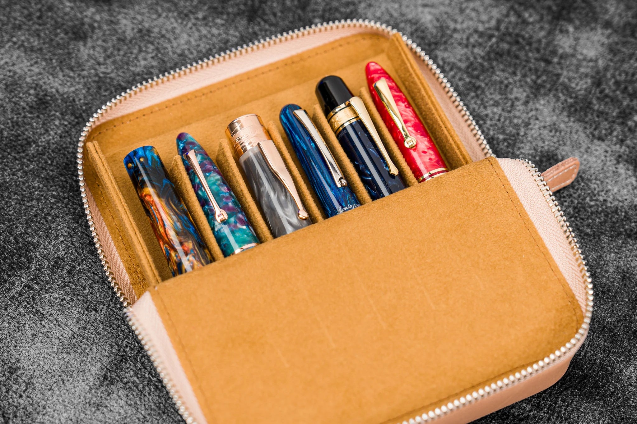 Leather Magnum Opus 6 Slots Hard Pen Case with Removable Pen Tray - Undyed Leather