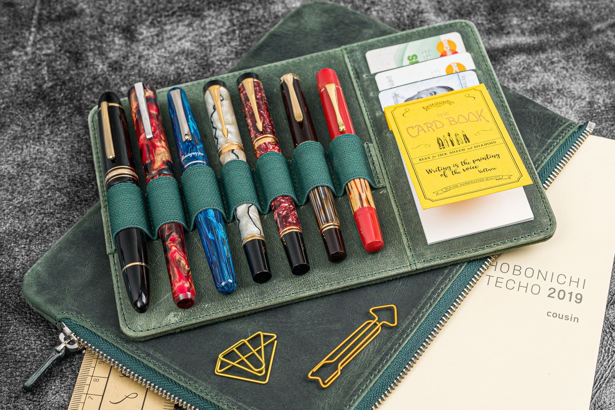 Leather Zippered Writer's Bank Bag - Pen Pouch - Crazy Horse Forest Green