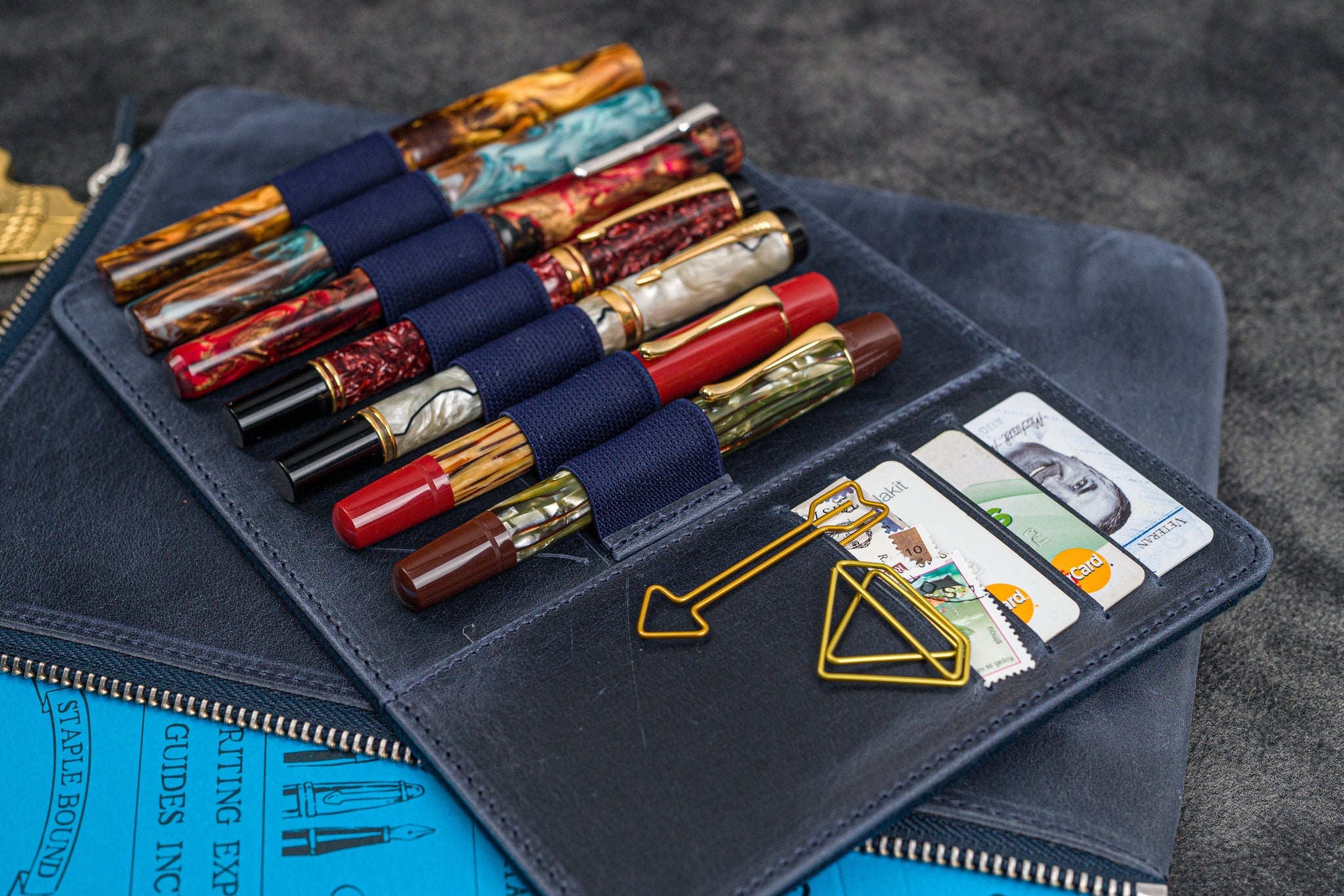 Leather Zippered Writer's Bank Bag - Pen Pouch - Crazy Horse Navy Blue