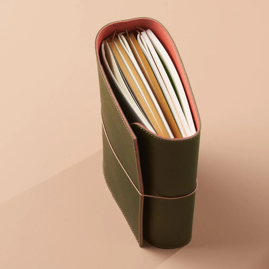 le trifold leather journal botany green & rustic rose (a5)