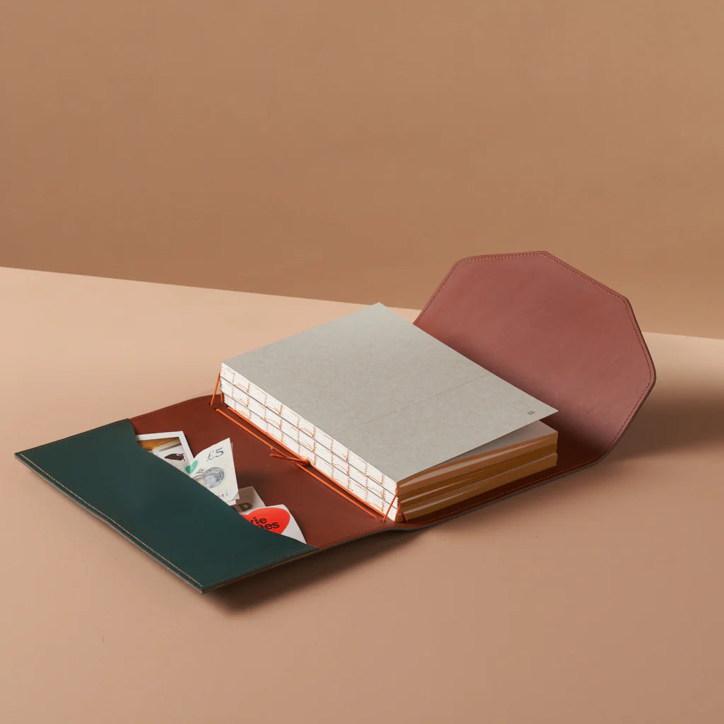 le trifold leather journal petrol blue & cognac (a5)