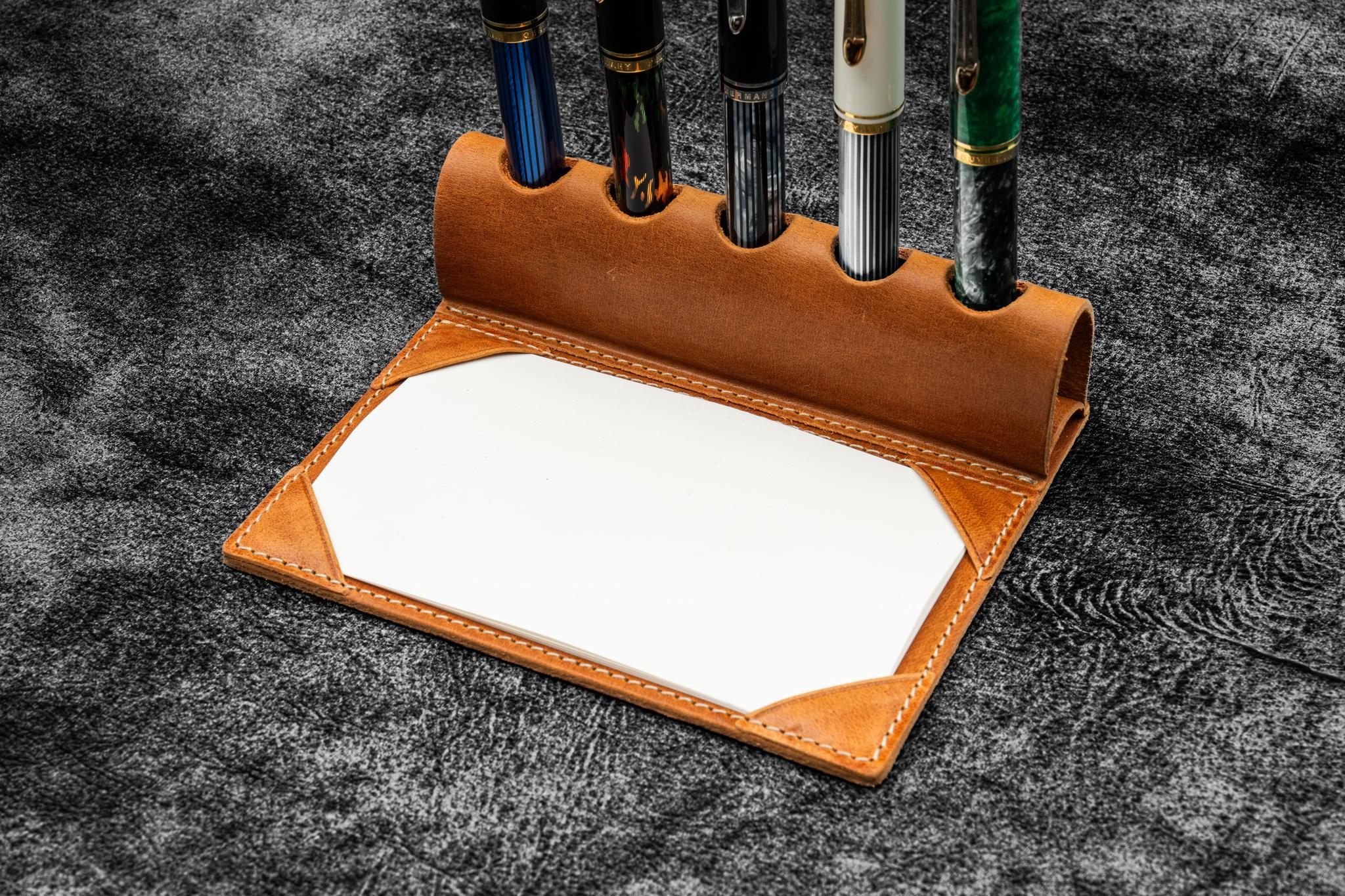 The Writer's Pen Dock - 5 Slots Pen Stand with Notepad Holder - Crazy Horse Tan