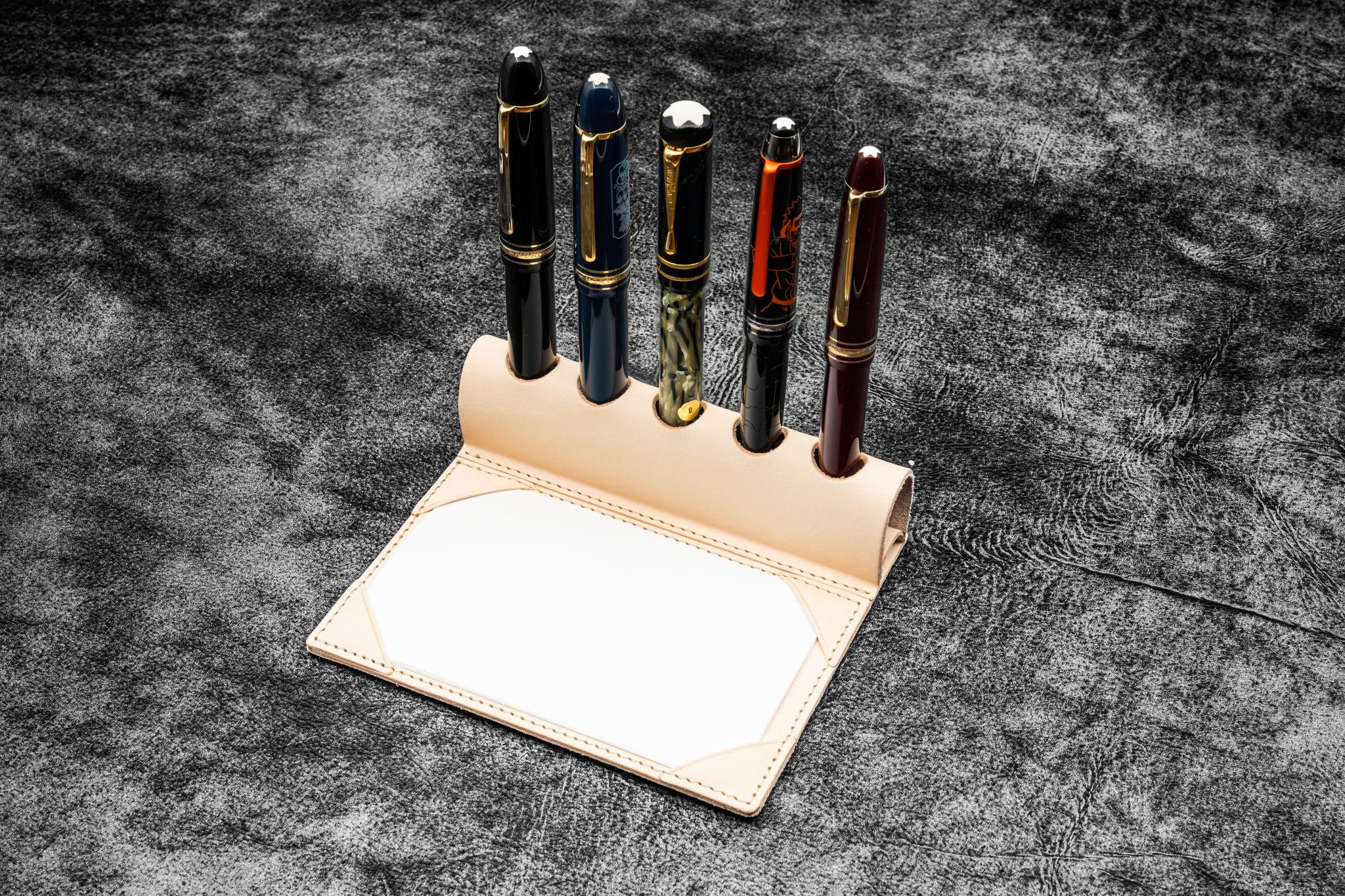 The Writer's Pen Dock - 5 Slots Pen Stand with Notepad Holder - Undyed Leather