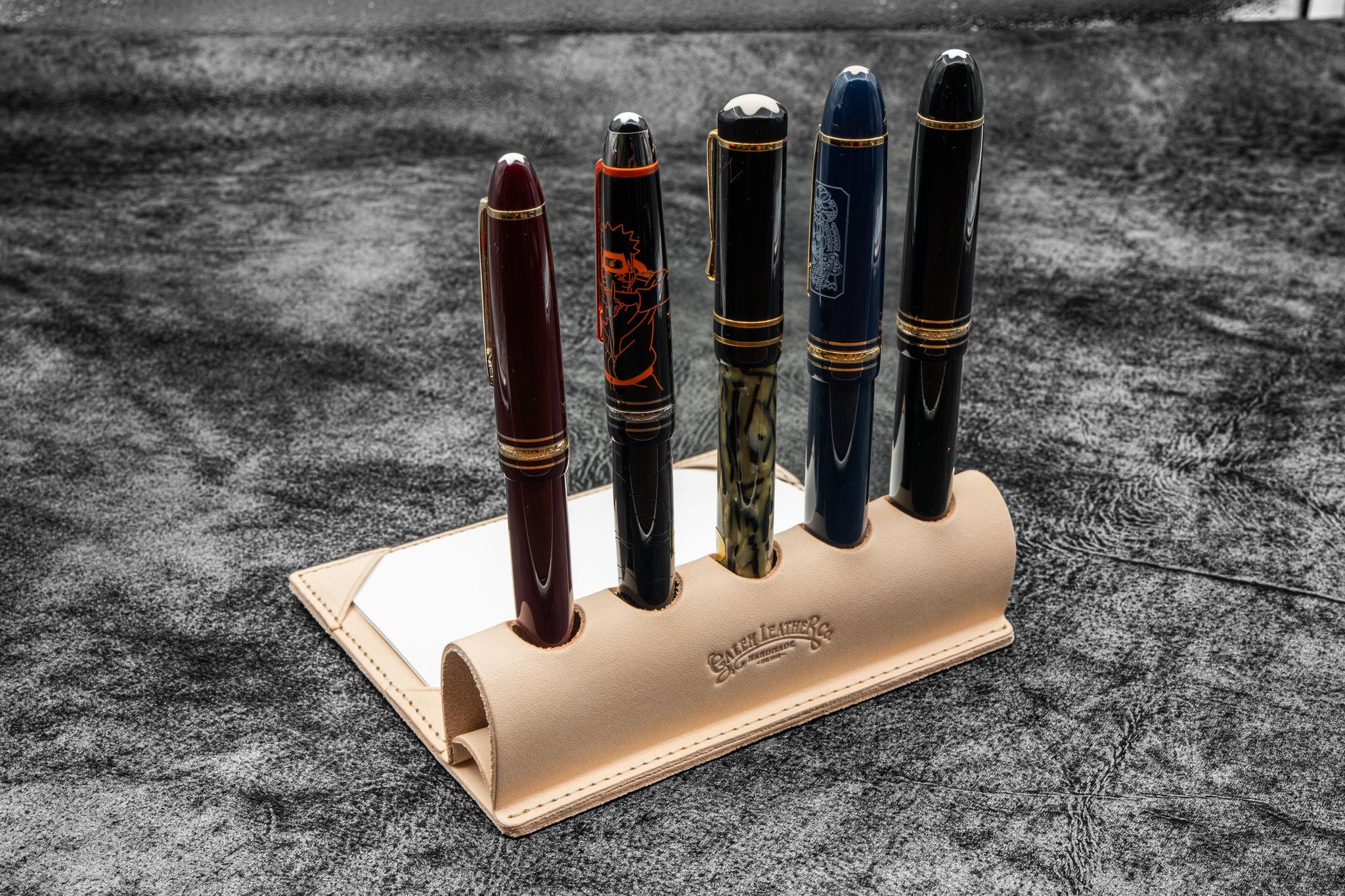 The Writer's Pen Dock - 5 Slots Pen Stand with Notepad Holder - Undyed Leather