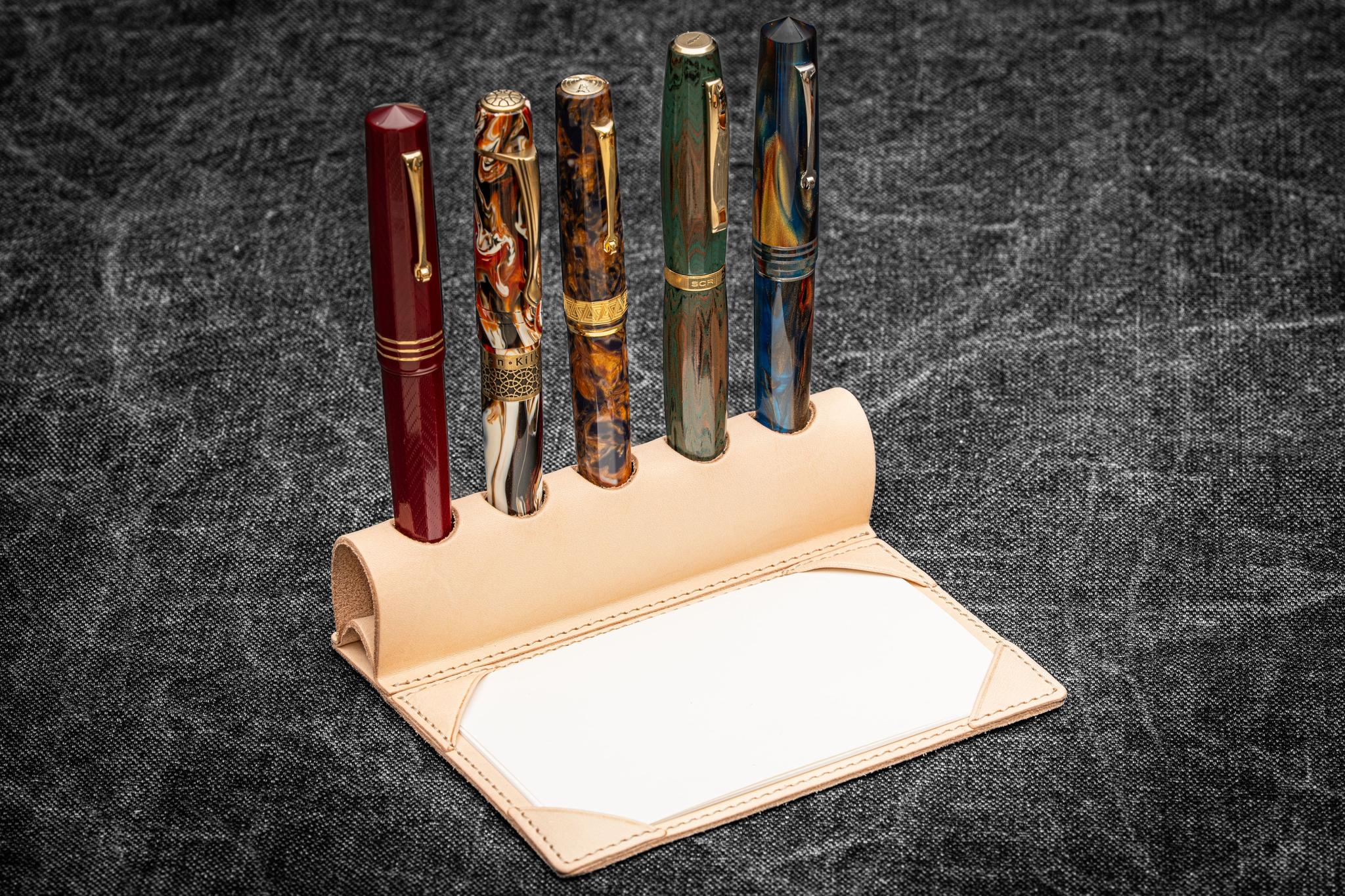 The Writer's Pen Dock - 5 Slots Pen Stand with Notepad Holder - Undyed Leather