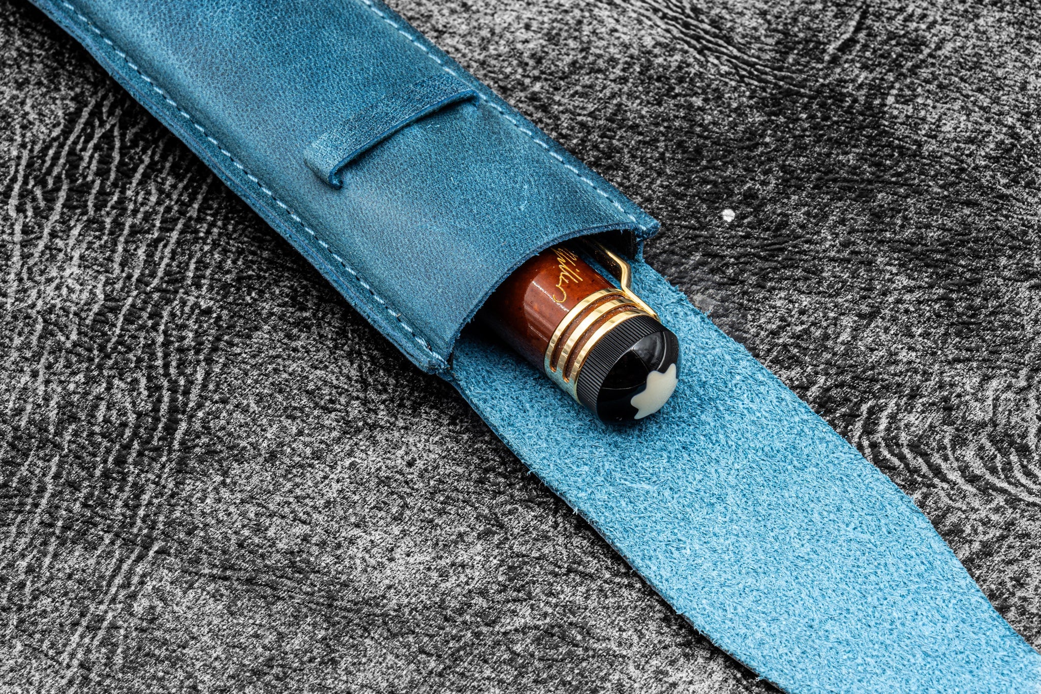 Vintage Slim Leather Pen Sleeve for Single Pen - Crazy Horse Ocean Blue