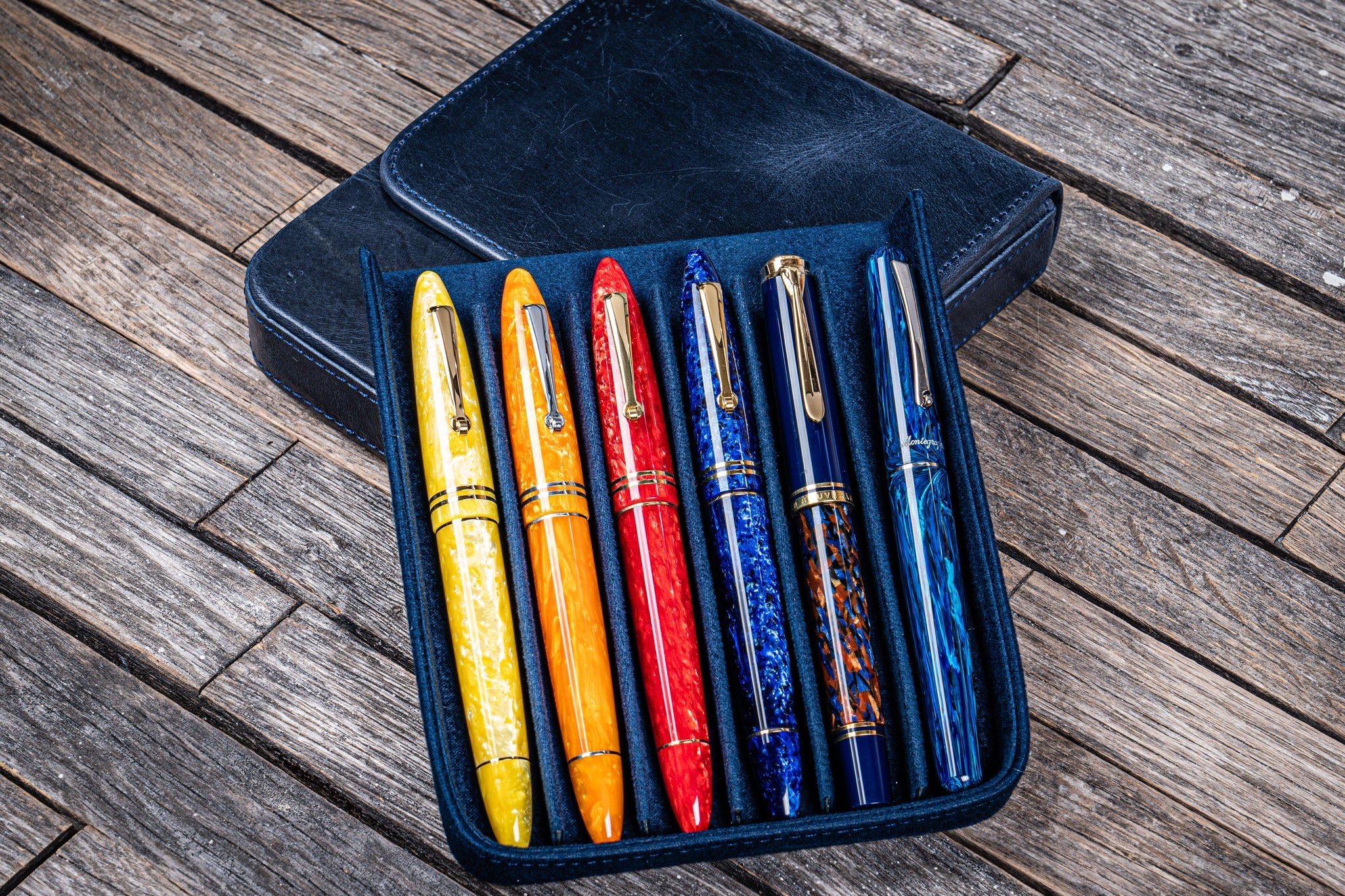 Leather Magnum Opus 6 Slots Hard Pen Case with Removable Pen Tray - Crazy Horse Navy Blue