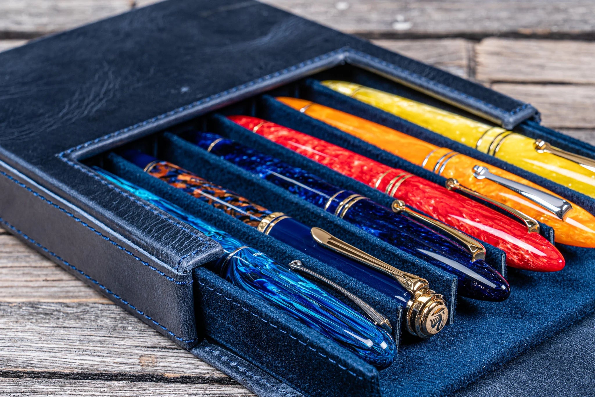 Leather Magnum Opus 6 Slots Hard Pen Case with Removable Pen Tray - Crazy Horse Navy Blue