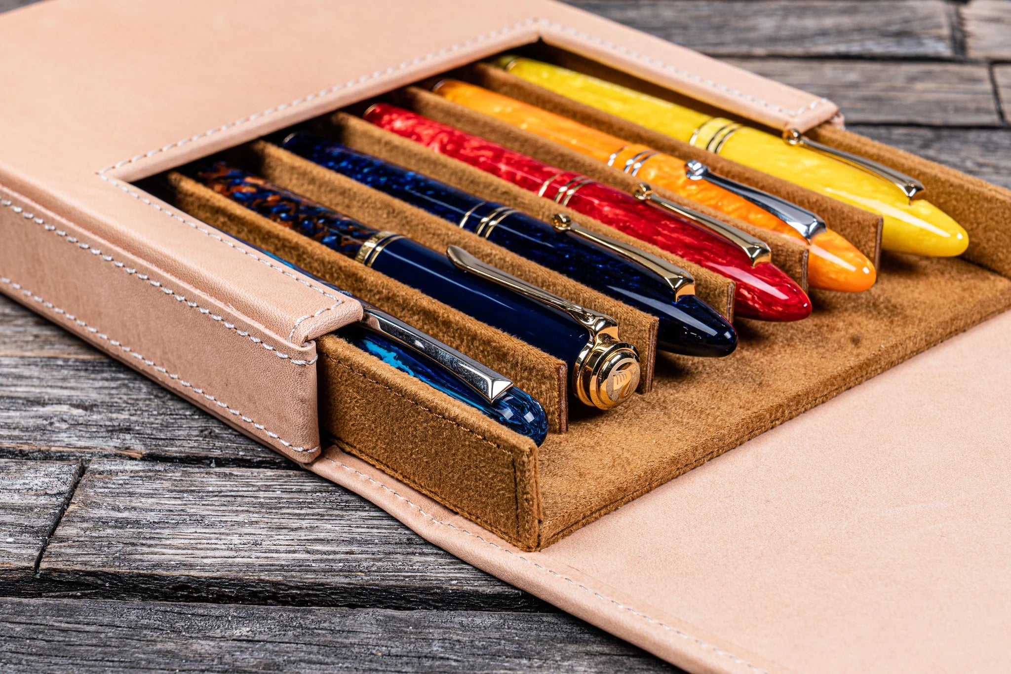 Leather Magnum Opus 6 Slots Hard Pen Case with Removable Pen Tray - Undyed Leather