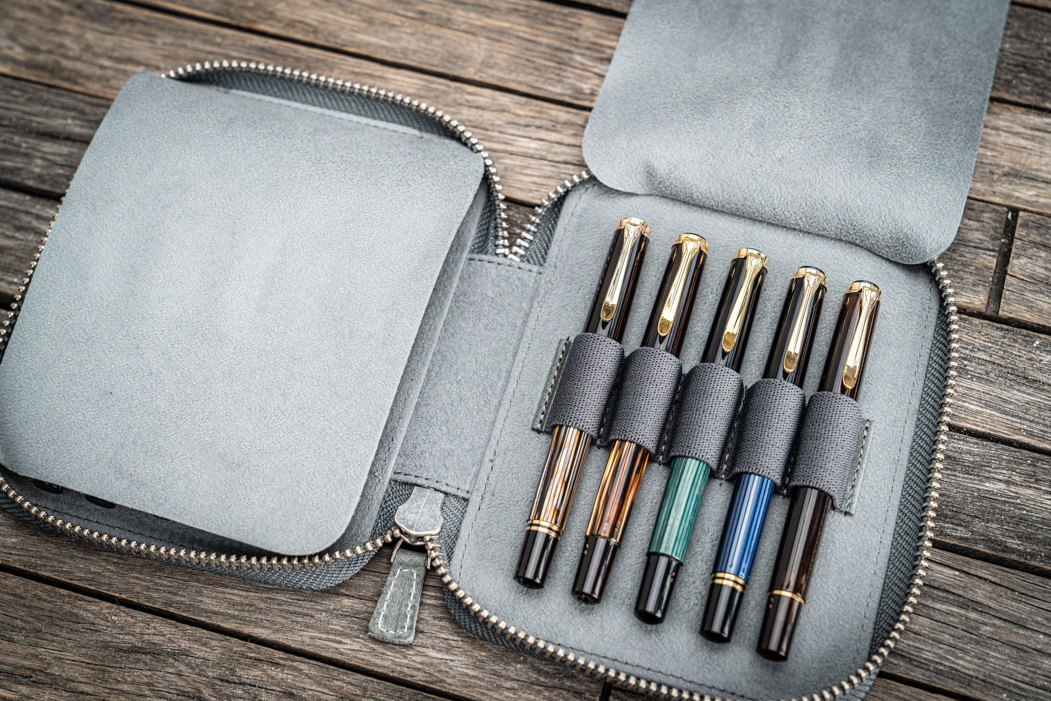 Leather Zippered 10 Slots Pen Case - Crazy Horse Smoky