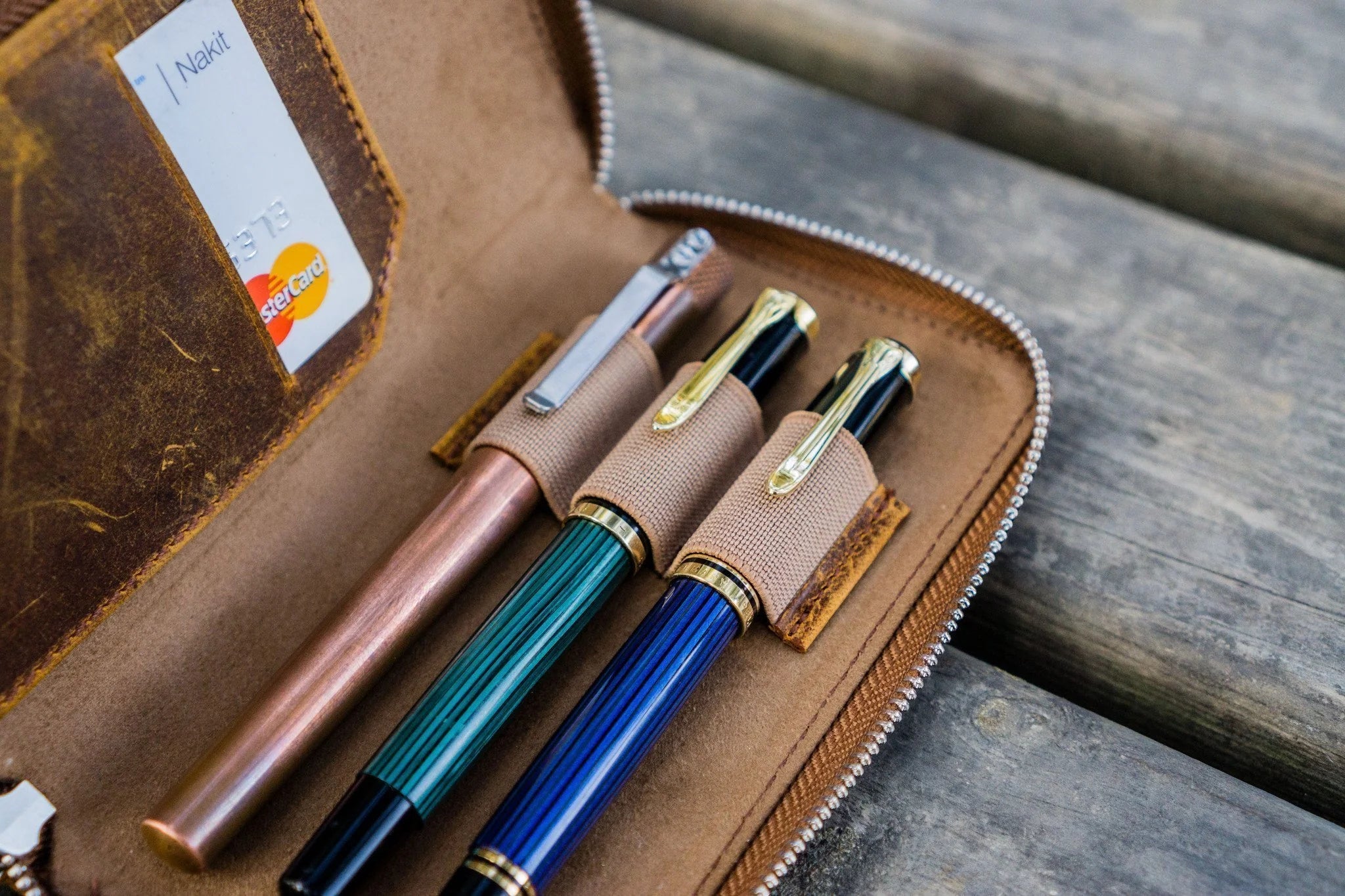 Leather Zippered 3 Slots Pen Case - Crazy Horse Brown