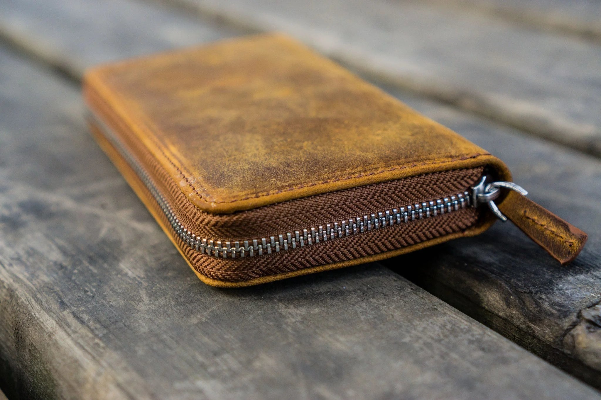 Leather Zippered 3 Slots Pen Case - Crazy Horse Brown