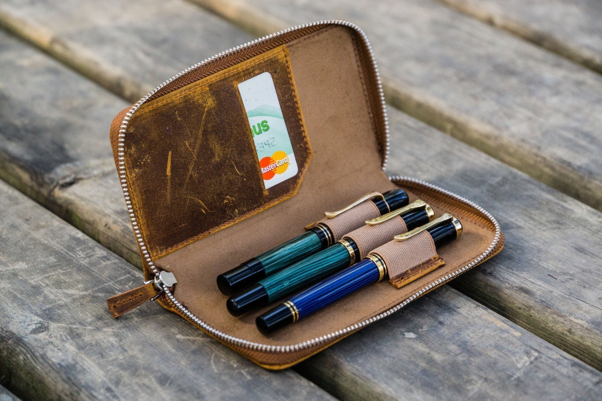 Leather Zippered 3 Slots Pen Case - Crazy Horse Brown