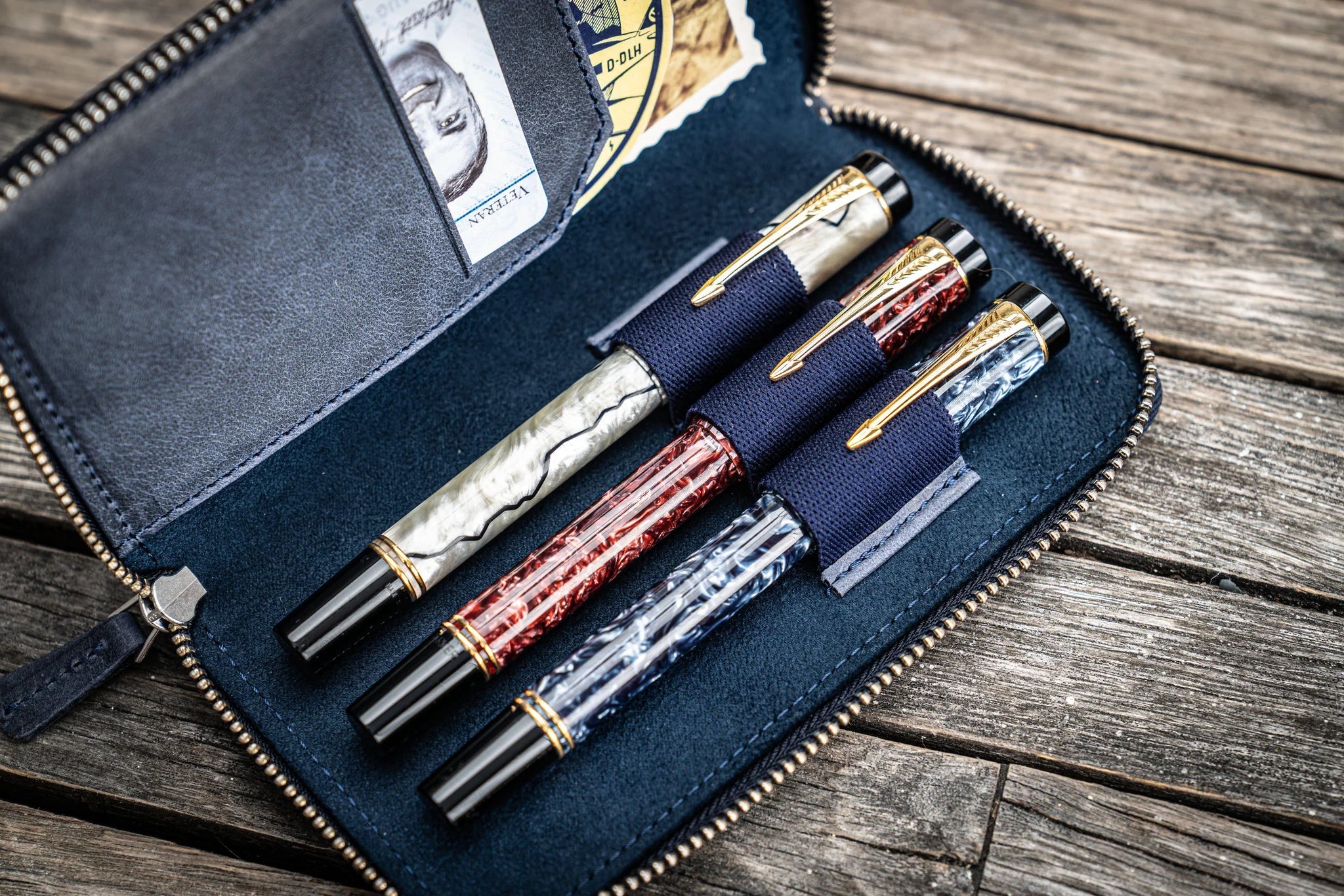 Leather Zippered 3 Slots Pen Case - Crazy Horse Navy Blue
