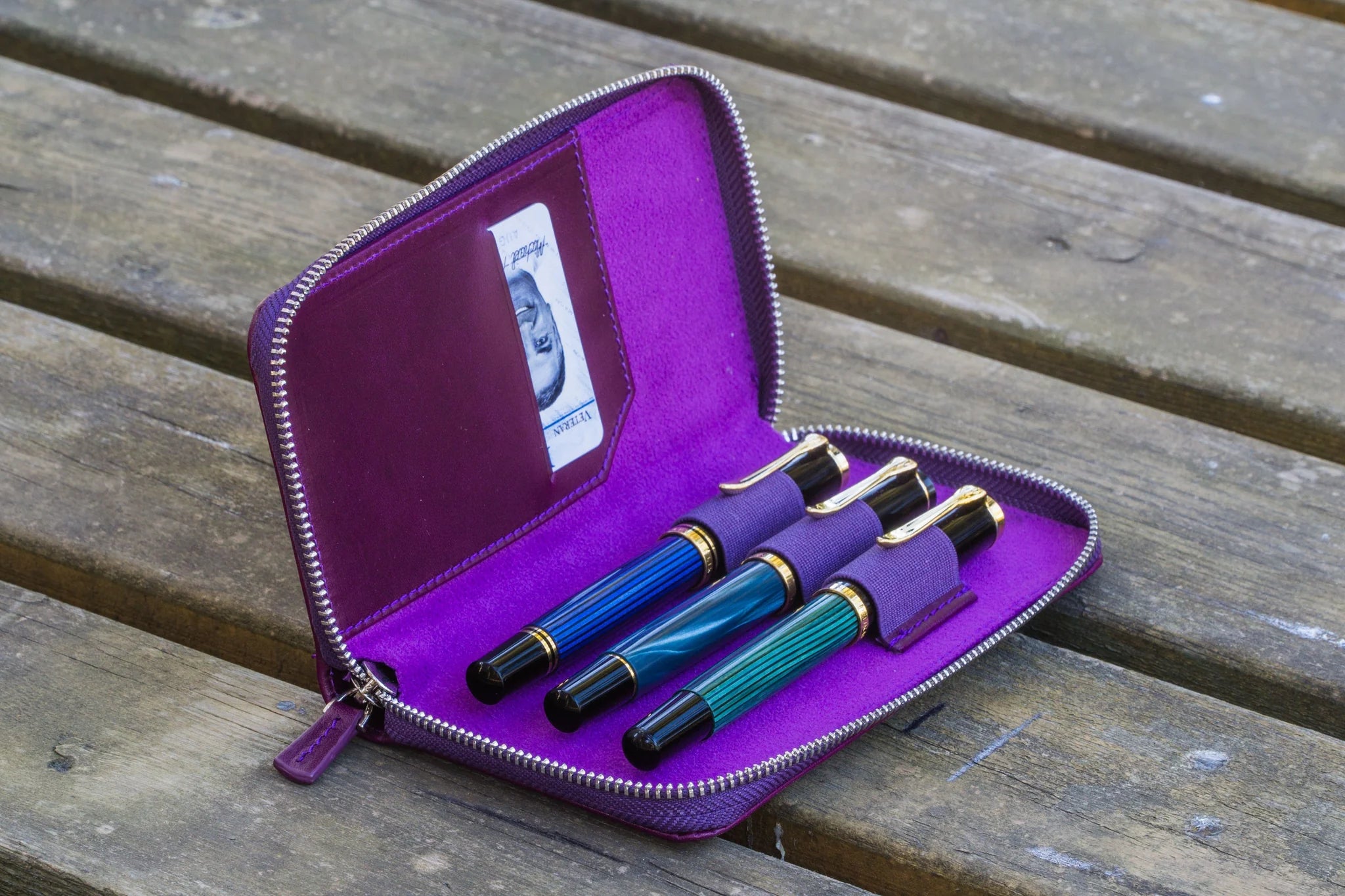 Leather Zippered 3 Slots Pen Case - Purple