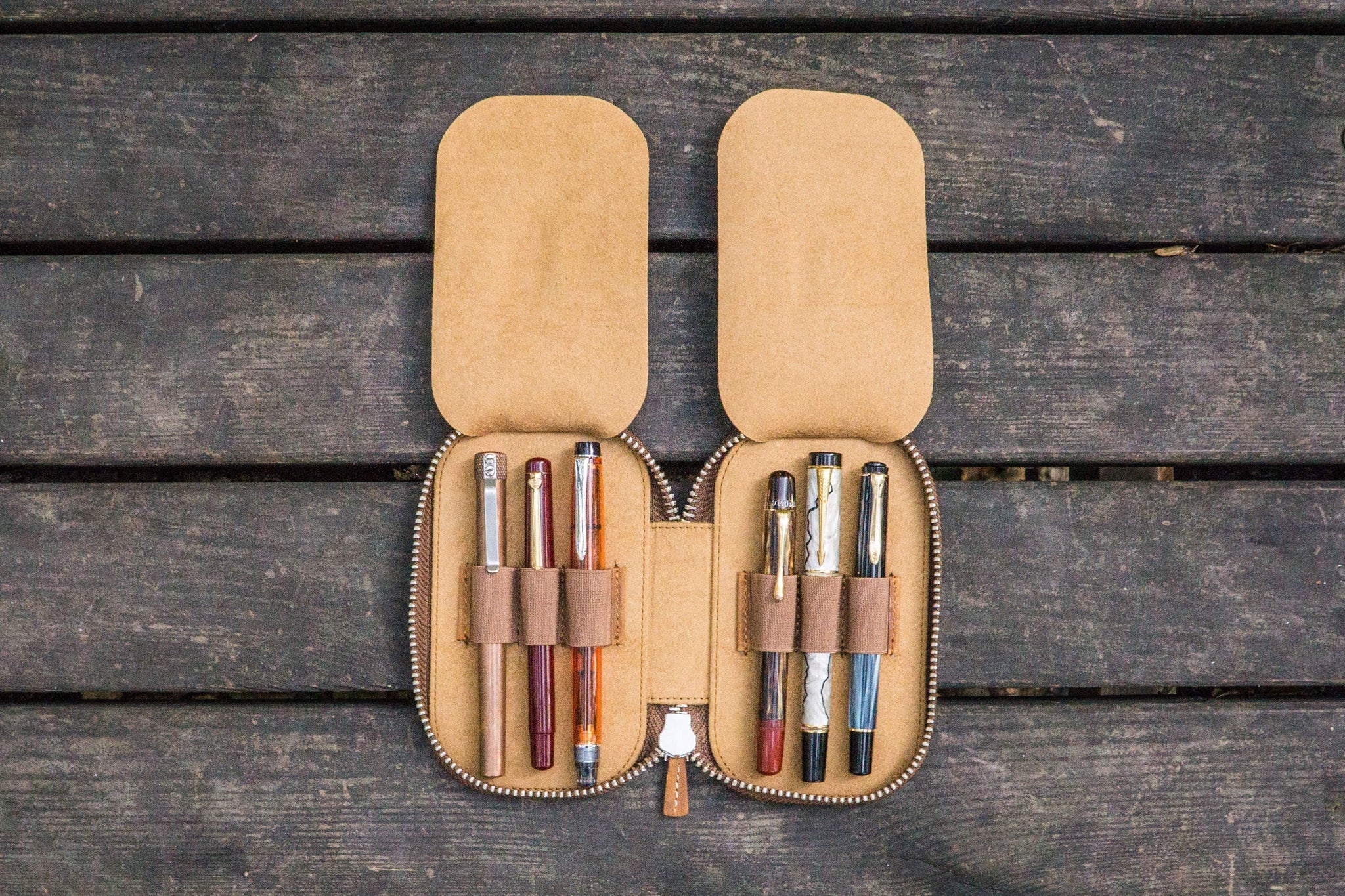 Leather Zippered 6 Slots Pen Case - Crazy Horse Brown