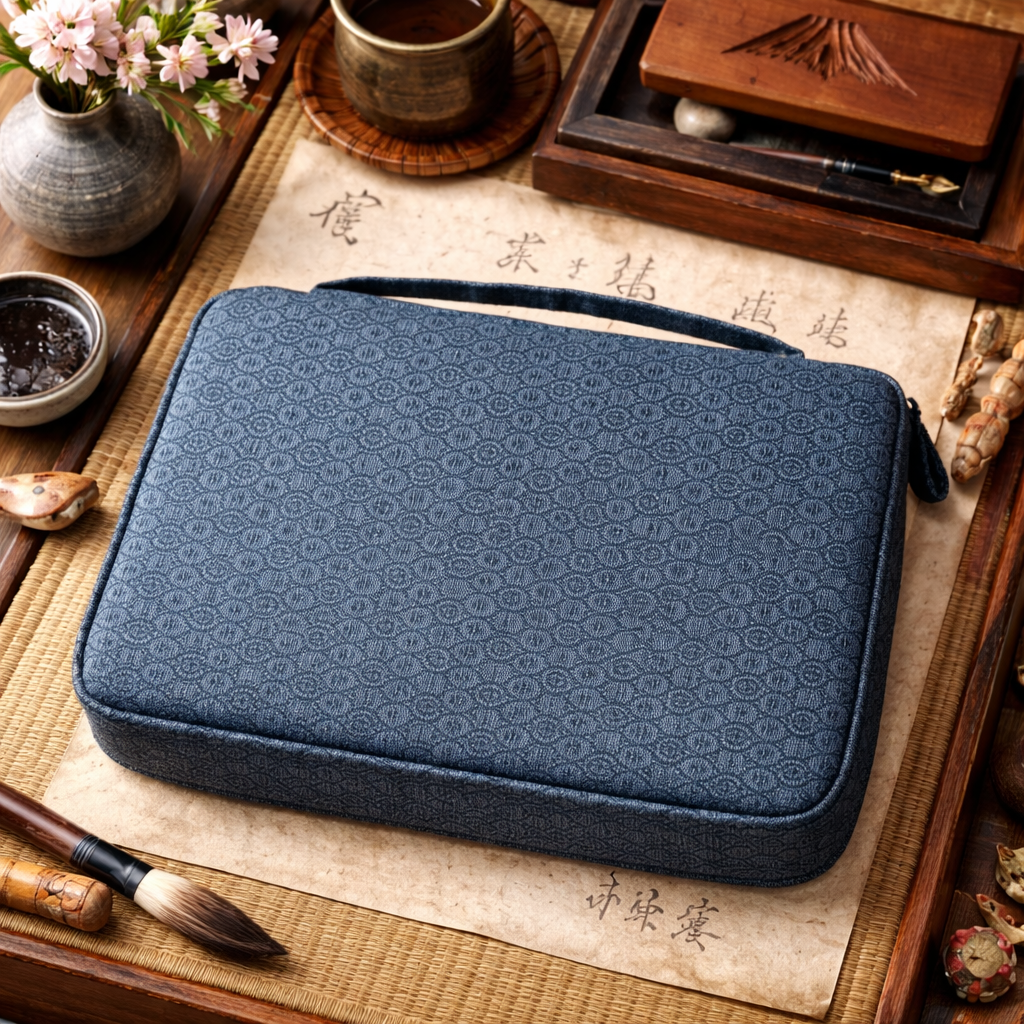 Gray Blue Cotton Zippered 20 Pen Case